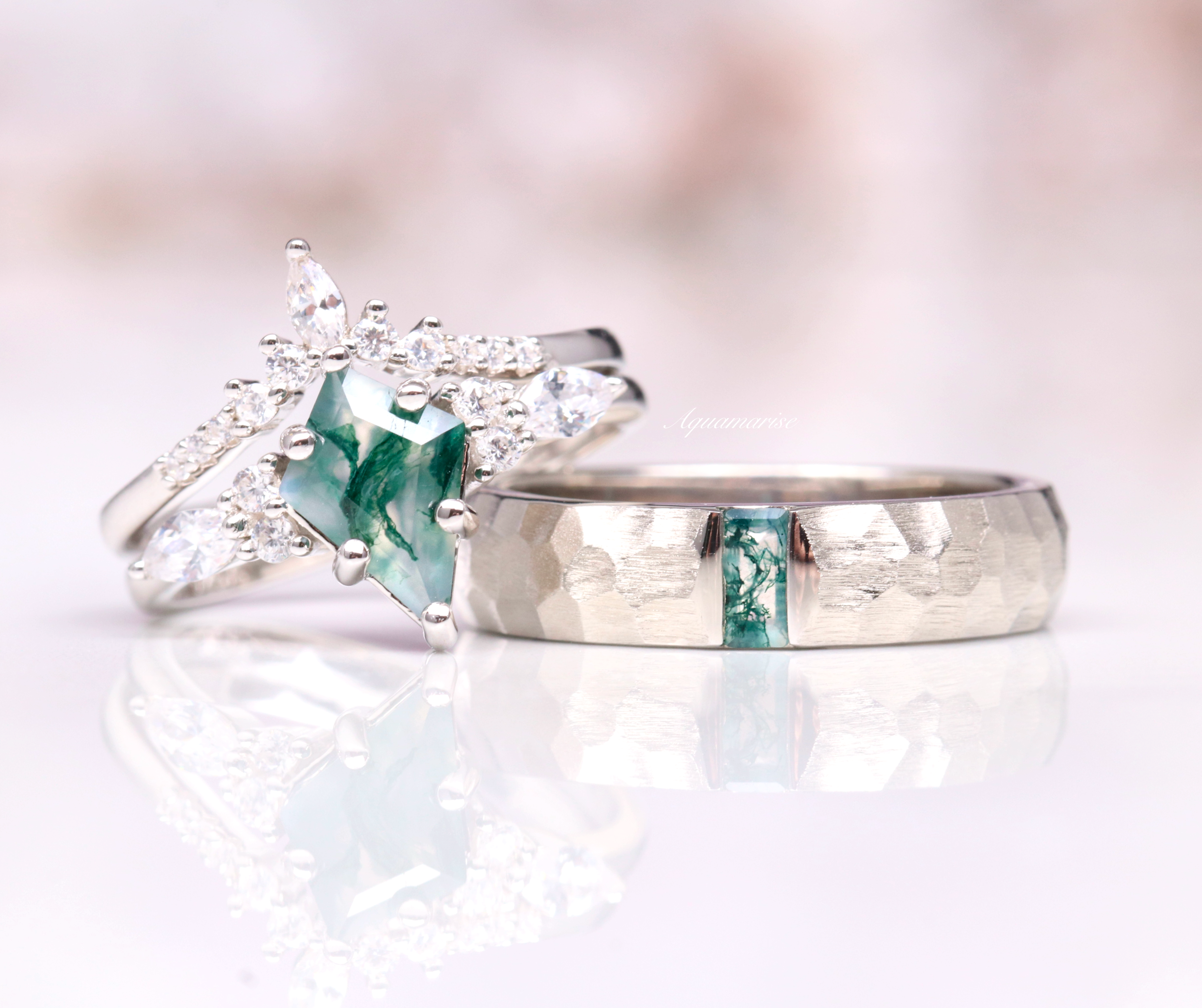 5.5MM Sterling Silver Moss Agate Wedding Band for Women - Nature-Inspired Engagement Ring & Anniversary Gift for Her