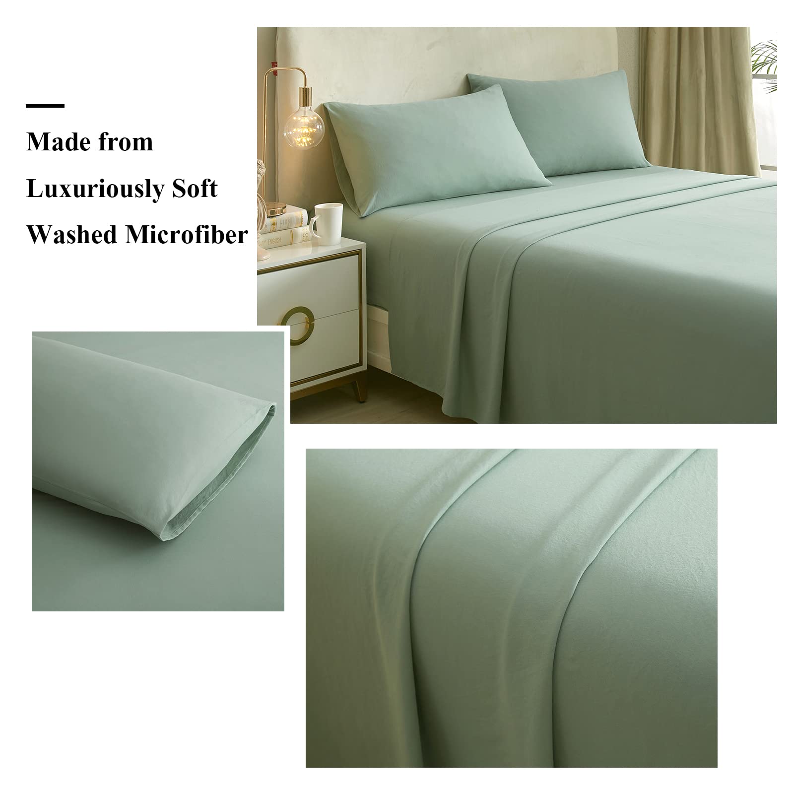 HighBuy Twin Bed Sheets Set - 3 Piece Microfiber Bedding in Sage Green - Breathable, Shrink & Fade Resistant - Deep Pocket Fits 16
