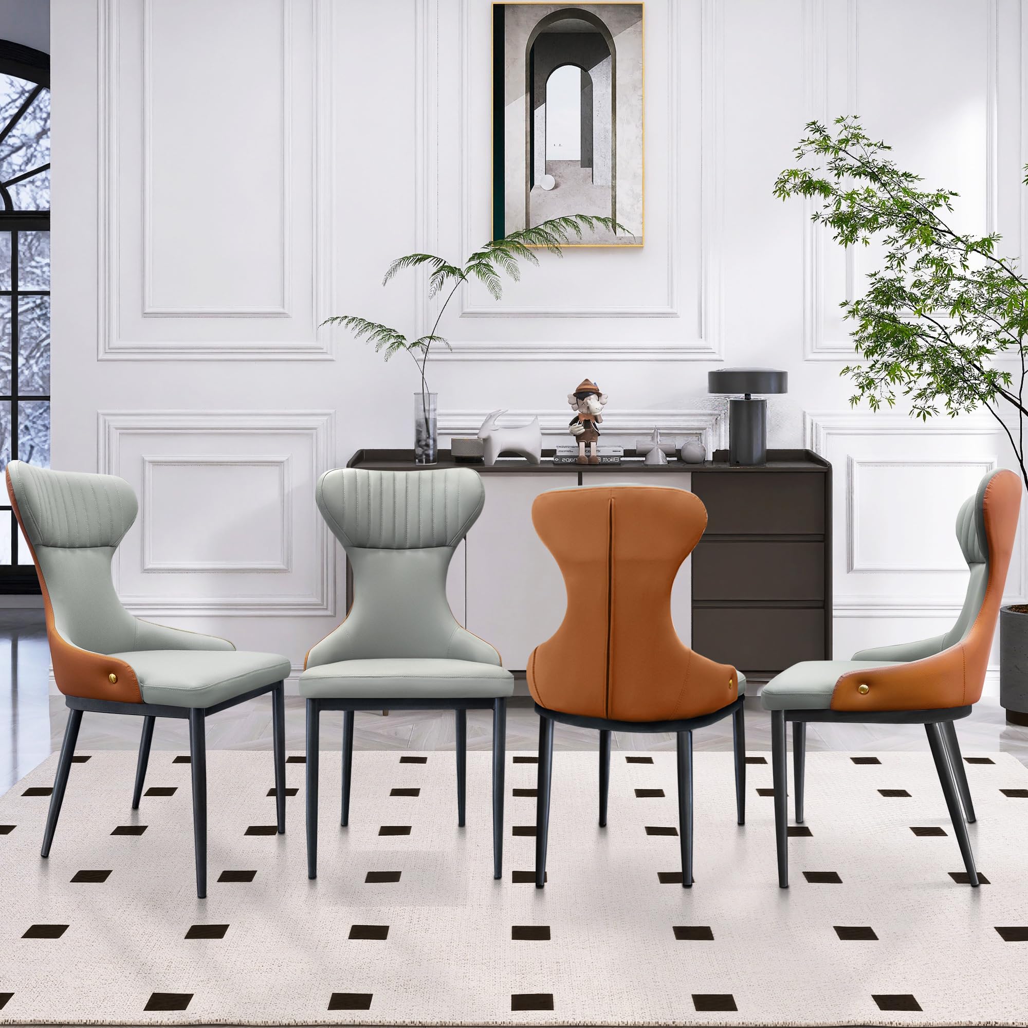 Premium Leather Dining Chairs Set of 2 - Modern Color-Block Design with Metal Legs & Soft Cushions - Fishtail Back Armless Chairs for Kitchen, Dining Room & Living Room - Perfect for Modern Homes, Restaurants & Cozy Gatherings