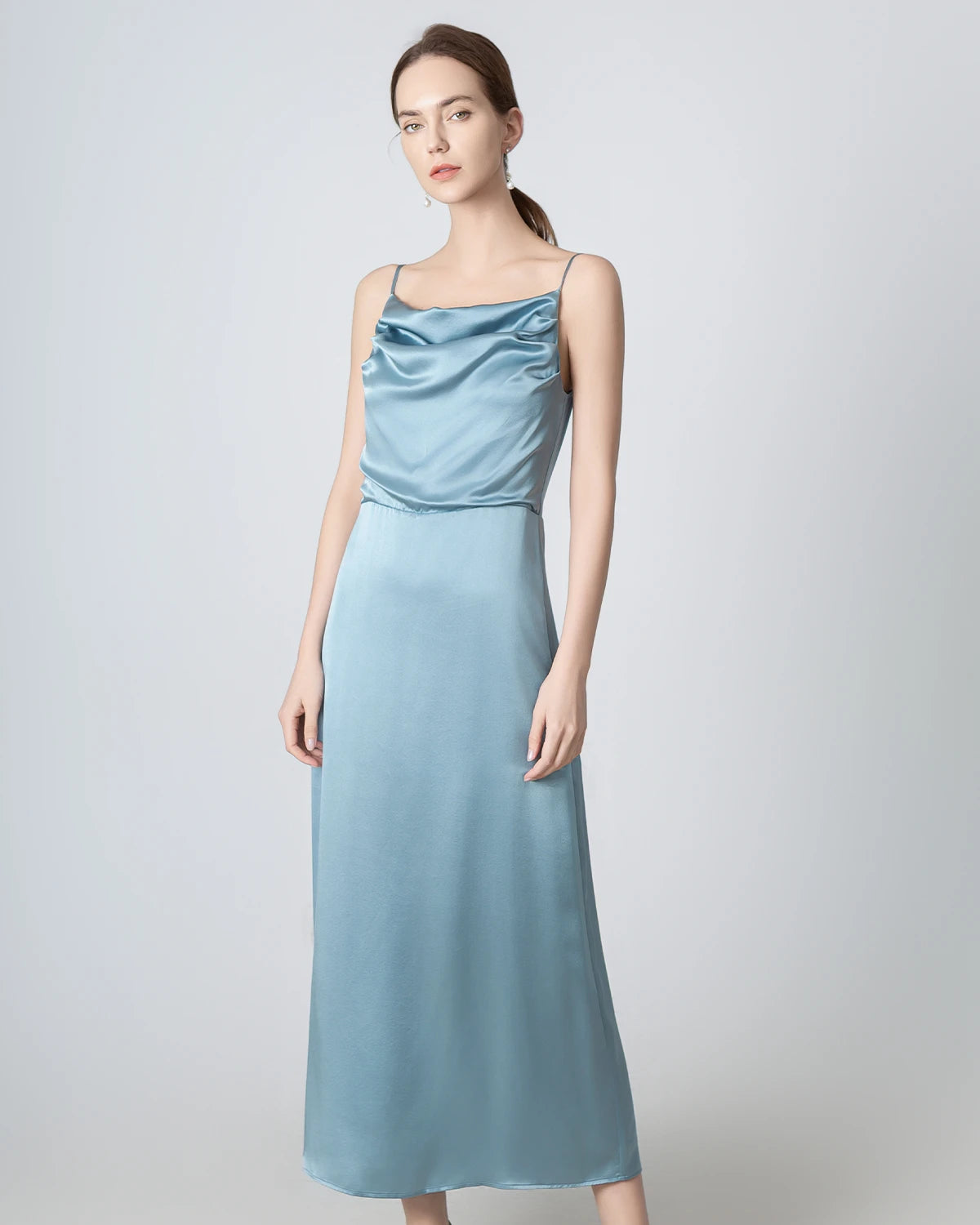 Elegant Pleated Cowl Neck Slit Maxi Silk Dress for Women - Perfect for Weddings, Parties & Evening Events