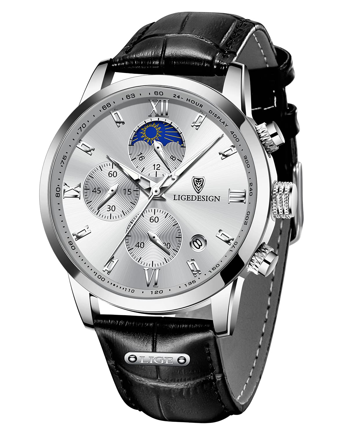 LIGE Men's Luxury Moon Phase Watch - Waterproof Chronograph for Business & Casual Wear
