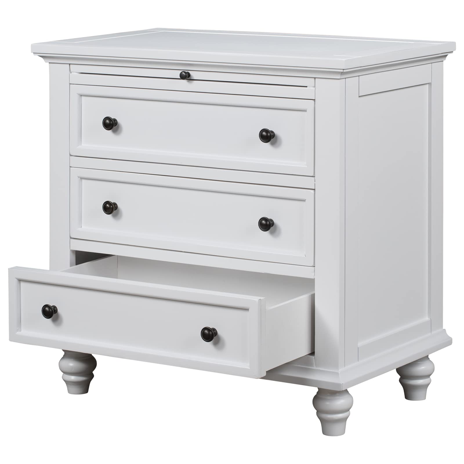 3 Drawer Nightstand with Pull-Out Tray - White Wood Bedside Table with 3 Drawers - Fully Assembled Dresser for Bedroom & Living Room - Perfect as End Table, Nightstand or Storage Solution