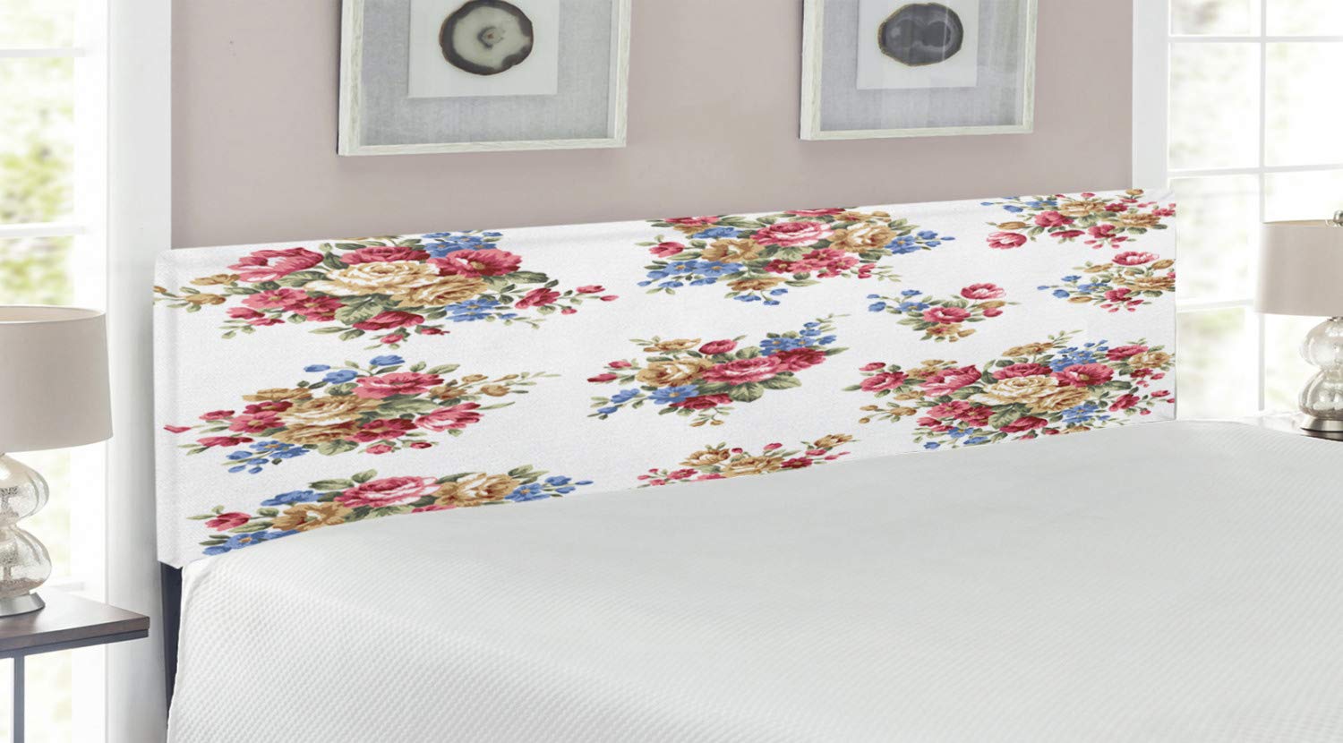 Ambesonne Floral Headboard King Size - Vintage Rose Bouquet Upholstered Metal Bed Frame with Memory Foam in Dark Coral Blue Tan | Romantic Wedding Bedroom Decor for Master Suite & Guest Room