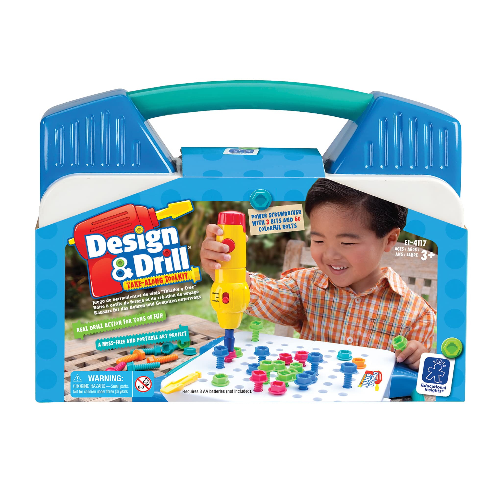 Educational Insights Design & Drill Take-Along Toolkit - 66 Piece Kids STEM Toy Set with Electric Drill, Construction Learning Activity for Boys & Girls Ages 3+ | Perfect for Preschool Classroom, Birthday Gifts & Early Engineering Skills Development
