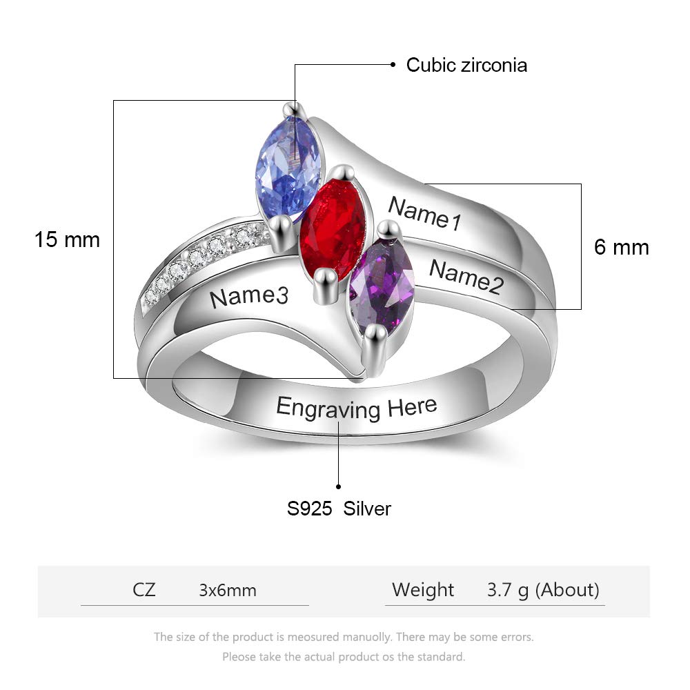 Custom Engraved Mother's Ring with 3 Simulated Birthstones - Personalized Family Promise Jewelry for Women - Name Engraved Gift for Mom, Wife, Daughter - Perfect for Mother's Day, Anniversary & Special Occasions