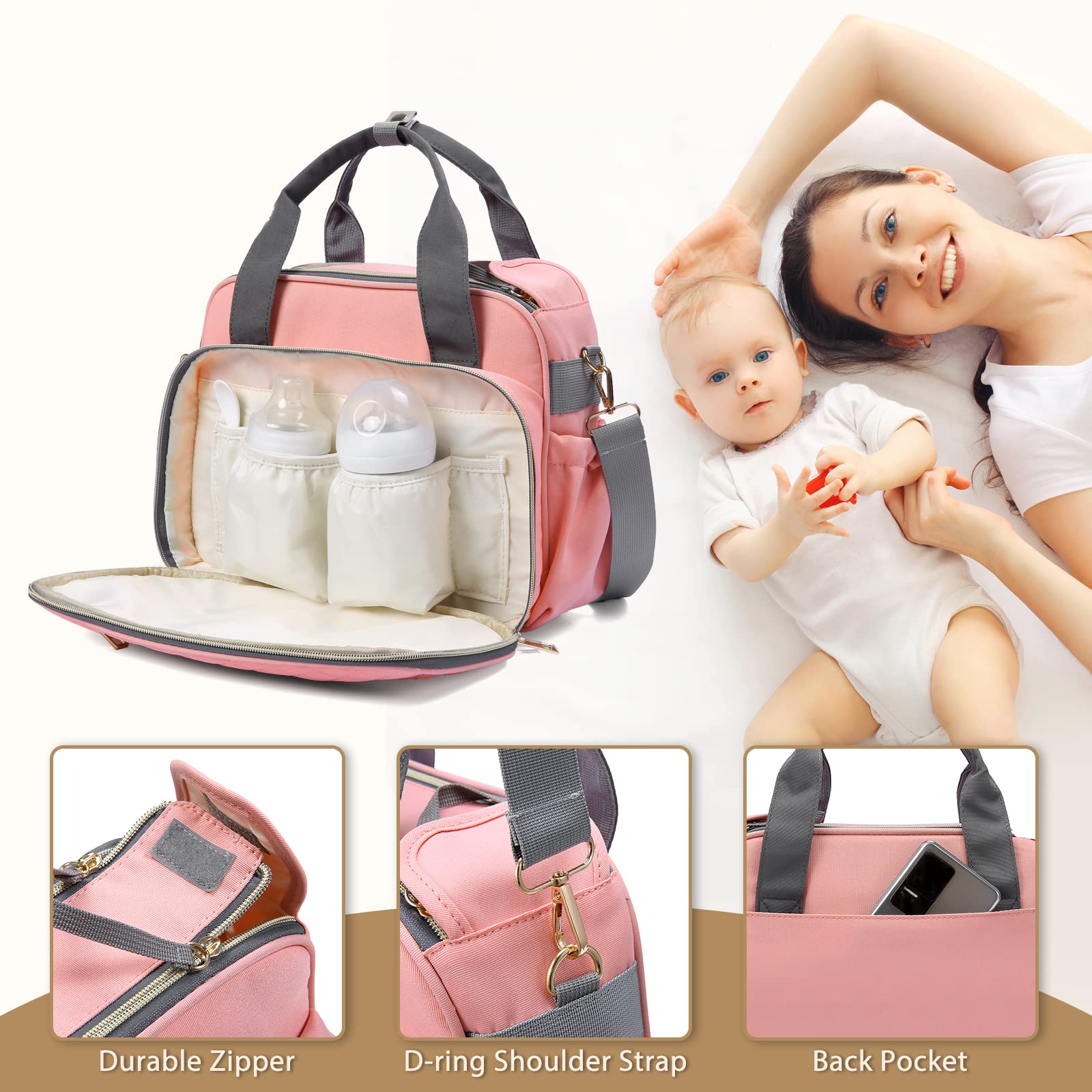 GOGOSO Mini Diaper Bag with Insulated Pockets - Pink Crossbody for Moms Traveling