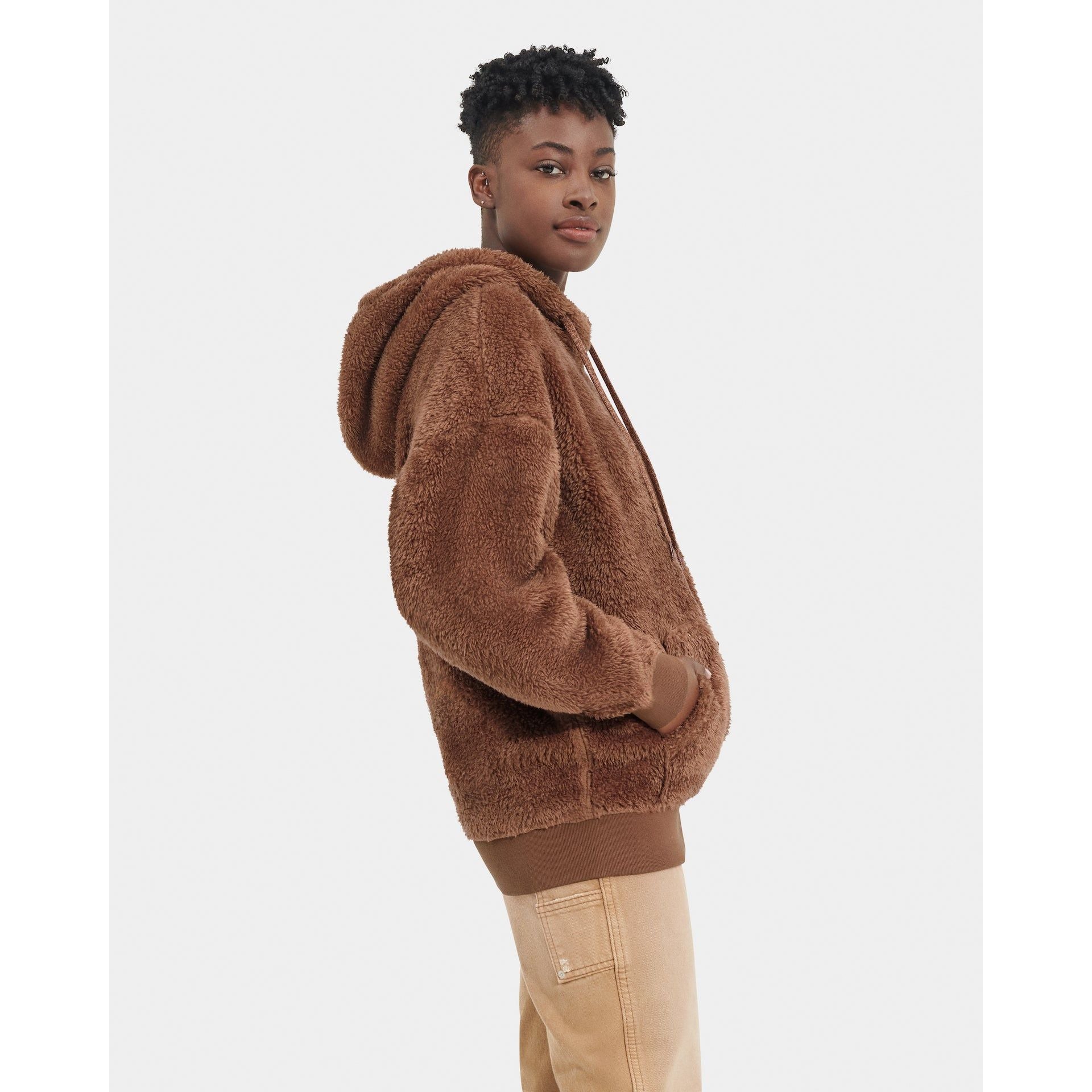 UGG Women's Loyra Sherpa Hoodie - Cozy Fleece-Lined Winter Jacket with Hood in Cedar Bark Color | Perfect for Cold Weather & Outdoor Activities