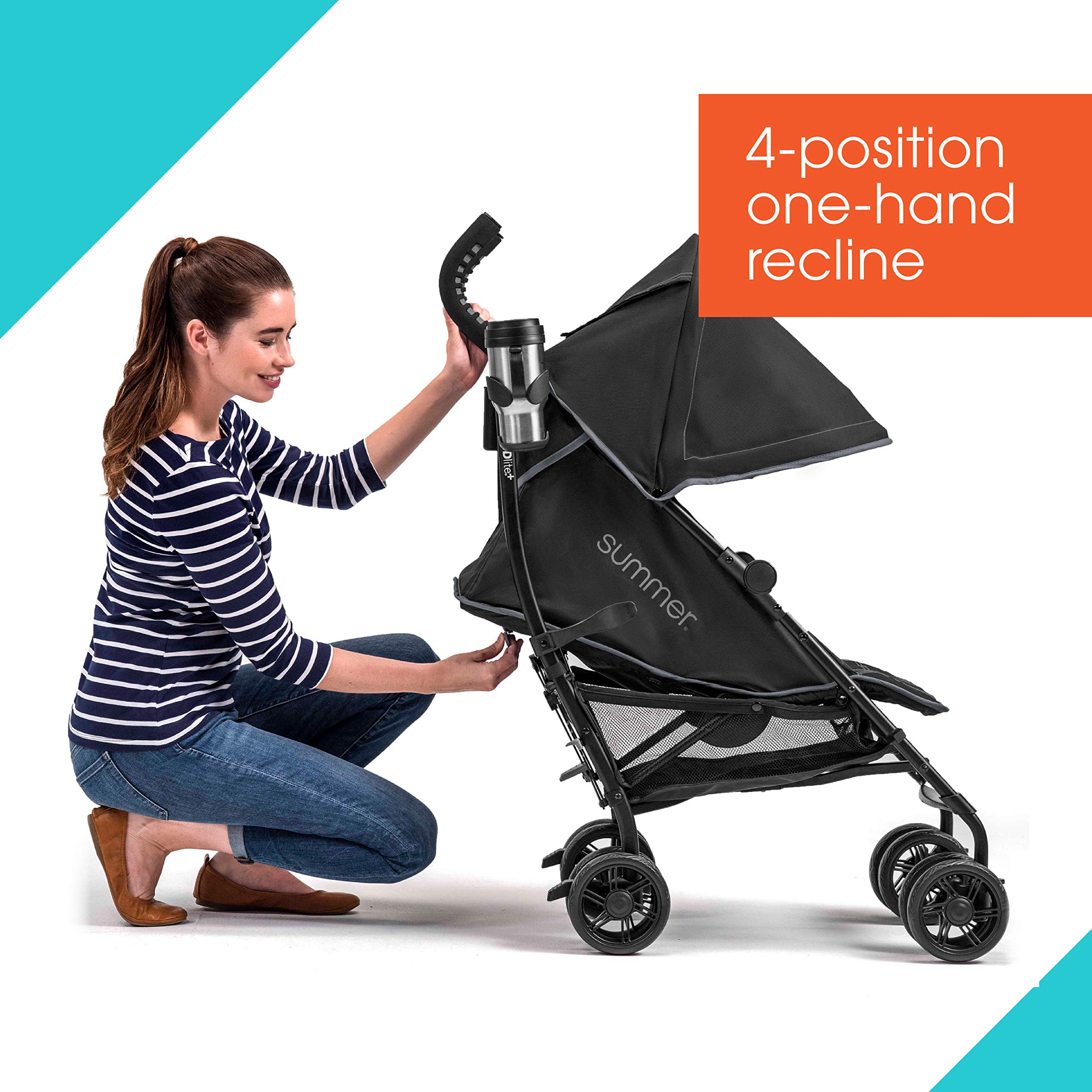 Summer Infant 3Dlite+ Lightweight Umbrella Stroller - Compact Fold, Oversized Canopy & Extra Storage - Black | Perfect for Travel, Shopping & Everyday Use