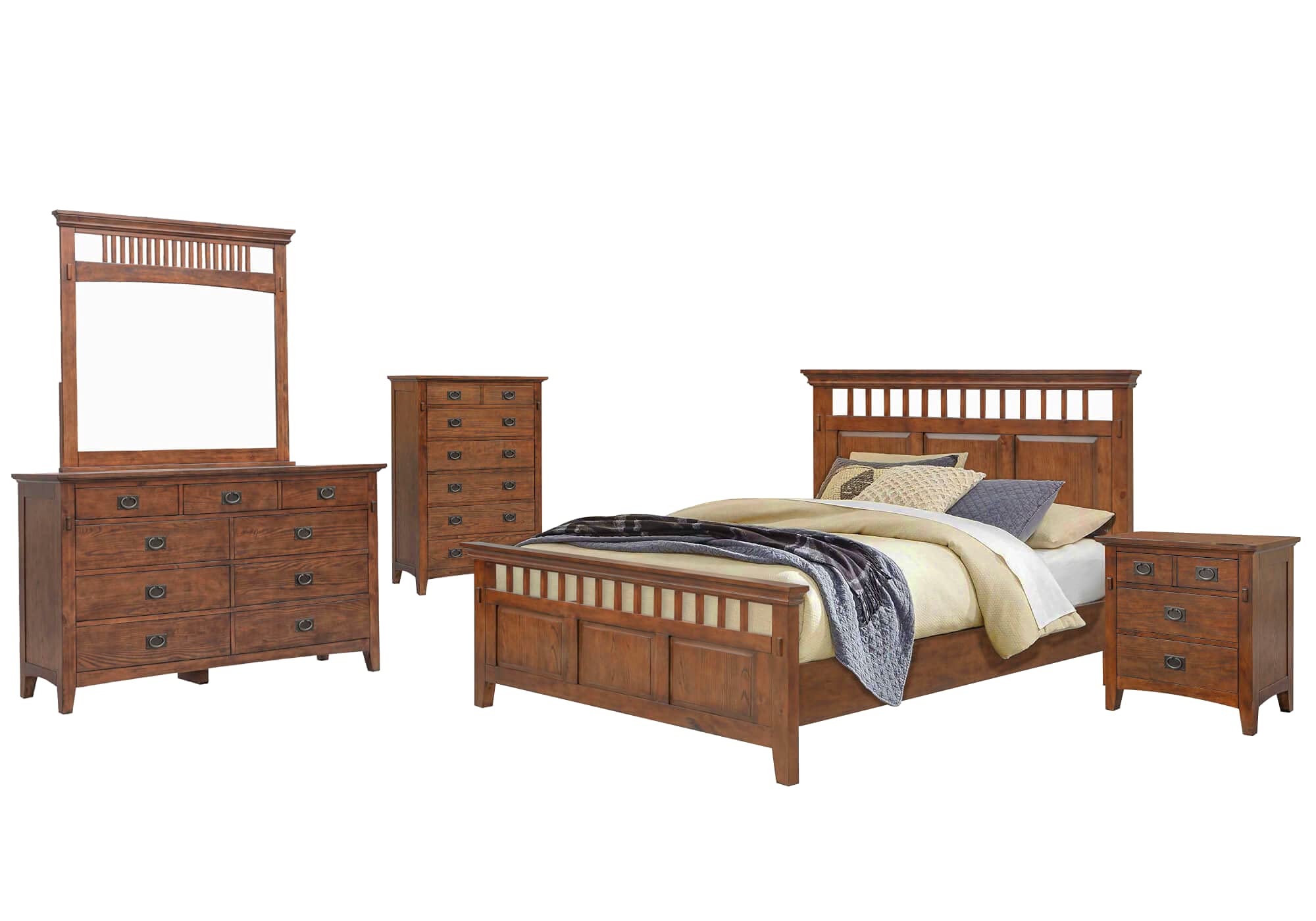 Amish Brown Solid Wood 5-Piece Queen Bedroom Set - Panel Bed, Dresser, Mirror, Chest & Nightstand | No Box Spring Needed | Perfect for Master Bedrooms, Guest Rooms & Cozy Retreats