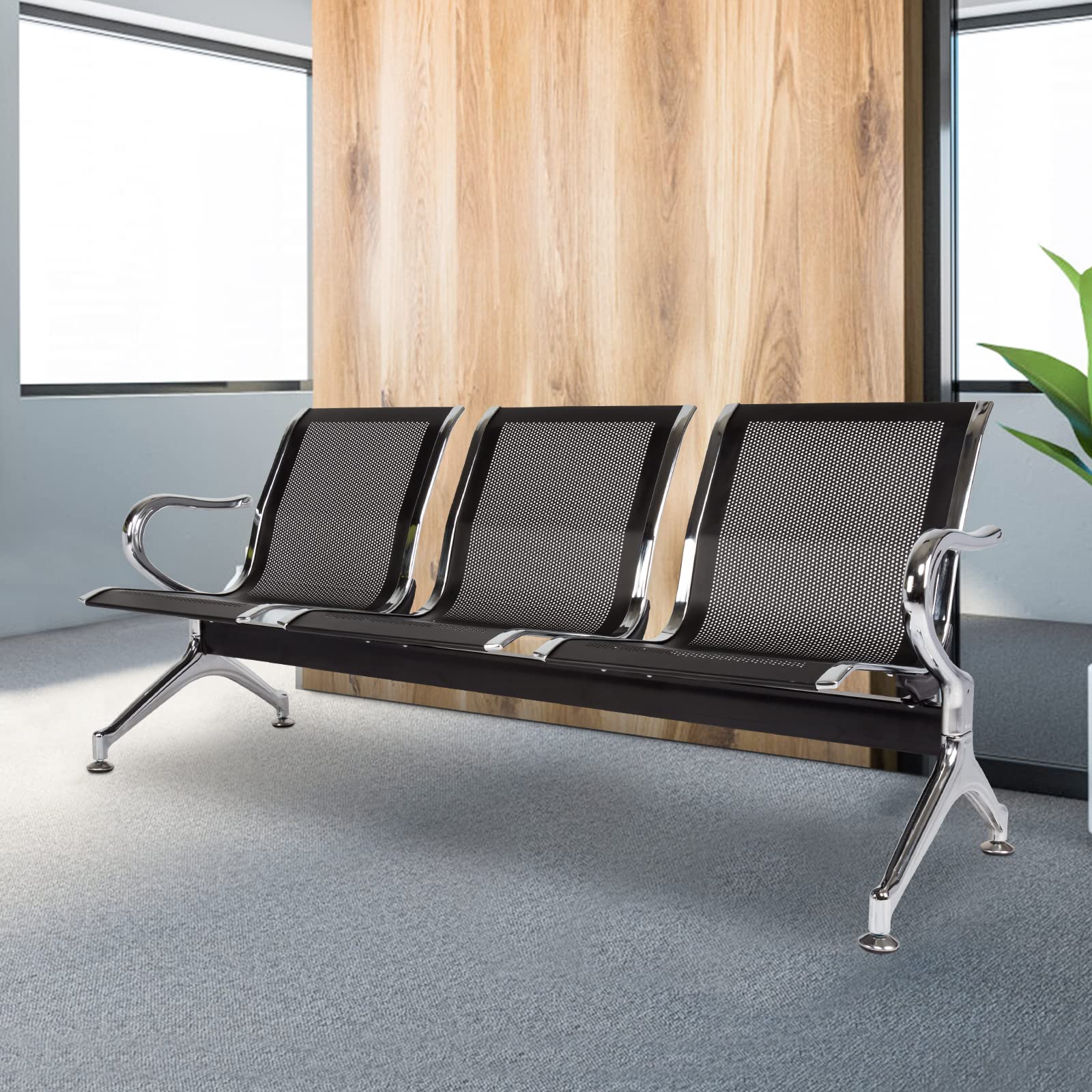 FIZZEEY Waiting Room Reception Guest Chairs - Comfortable Bench with Armrests for Hospitals, Banks, Airports - Durable Black Waiting Room Furniture for Lobbies, Clinics and Office Reception Areas
