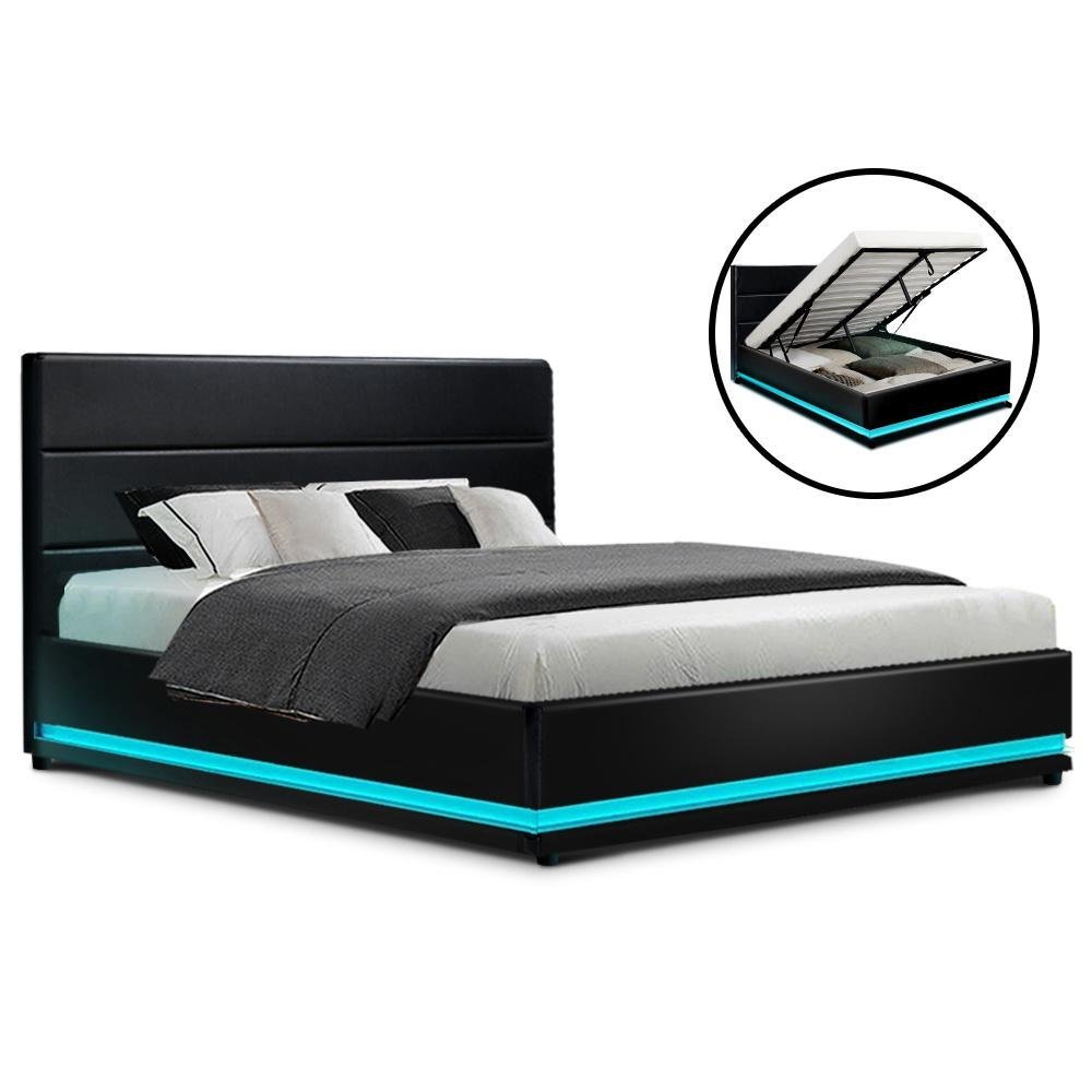 Premium Henley LED Bed Frame in Black with Luna Series Euro Top Medium Firm Mattress & Bamboo Mattress Topper - Complete Bed Set for Modern Bedrooms, Guest Rooms & Dormitories