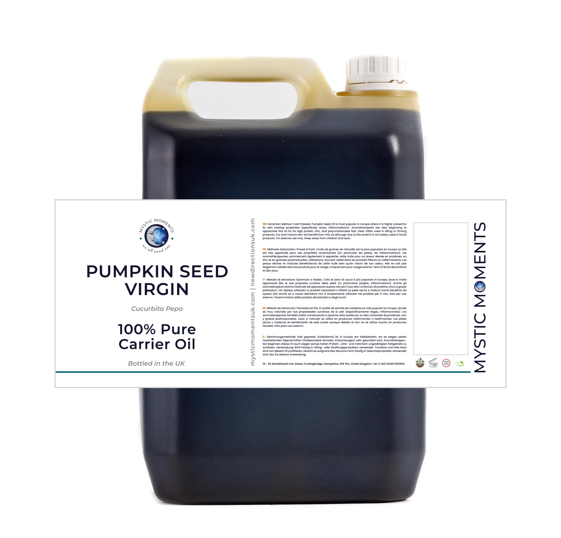 Pure & Natural Mystic Moments Pumpkin Seed Carrier Oil - 5 Litres (1.32 Gallons) | Cold Pressed, Vegan, GMO Free | For Hair Growth, Skin Care, Nail Treatment, Aromatherapy & Massage | Perfect for DIY Beauty Recipes & Essential Oil Dilution
