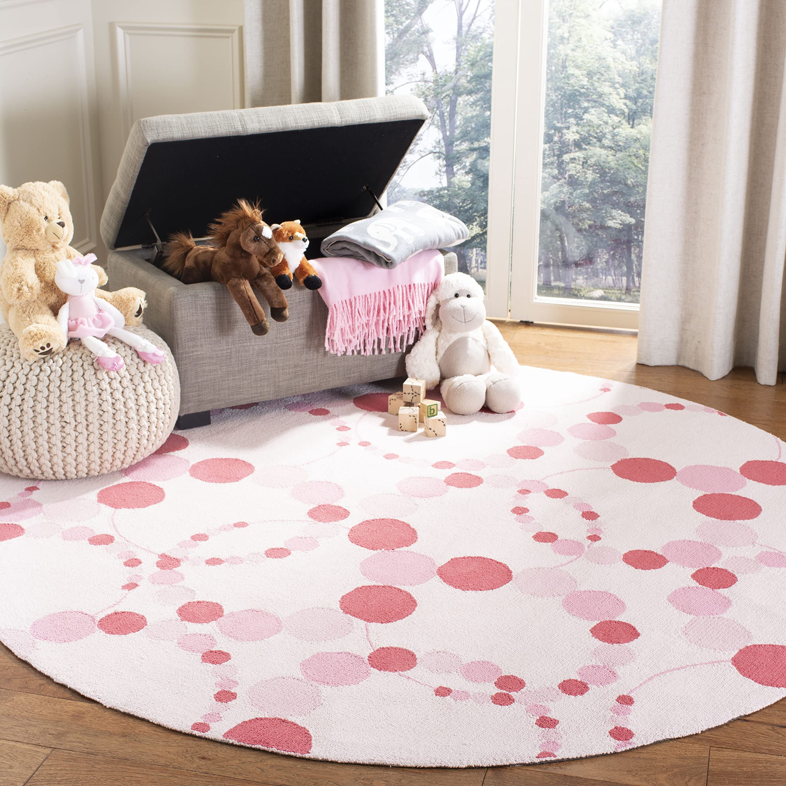 SAFAVIEH Kids Collection 6-Foot Round Ivory & Pink SFK214A Dots Cotton Area Rug - Soft Playroom Rug for Nursery, Bedroom, and Kids' Room Decor