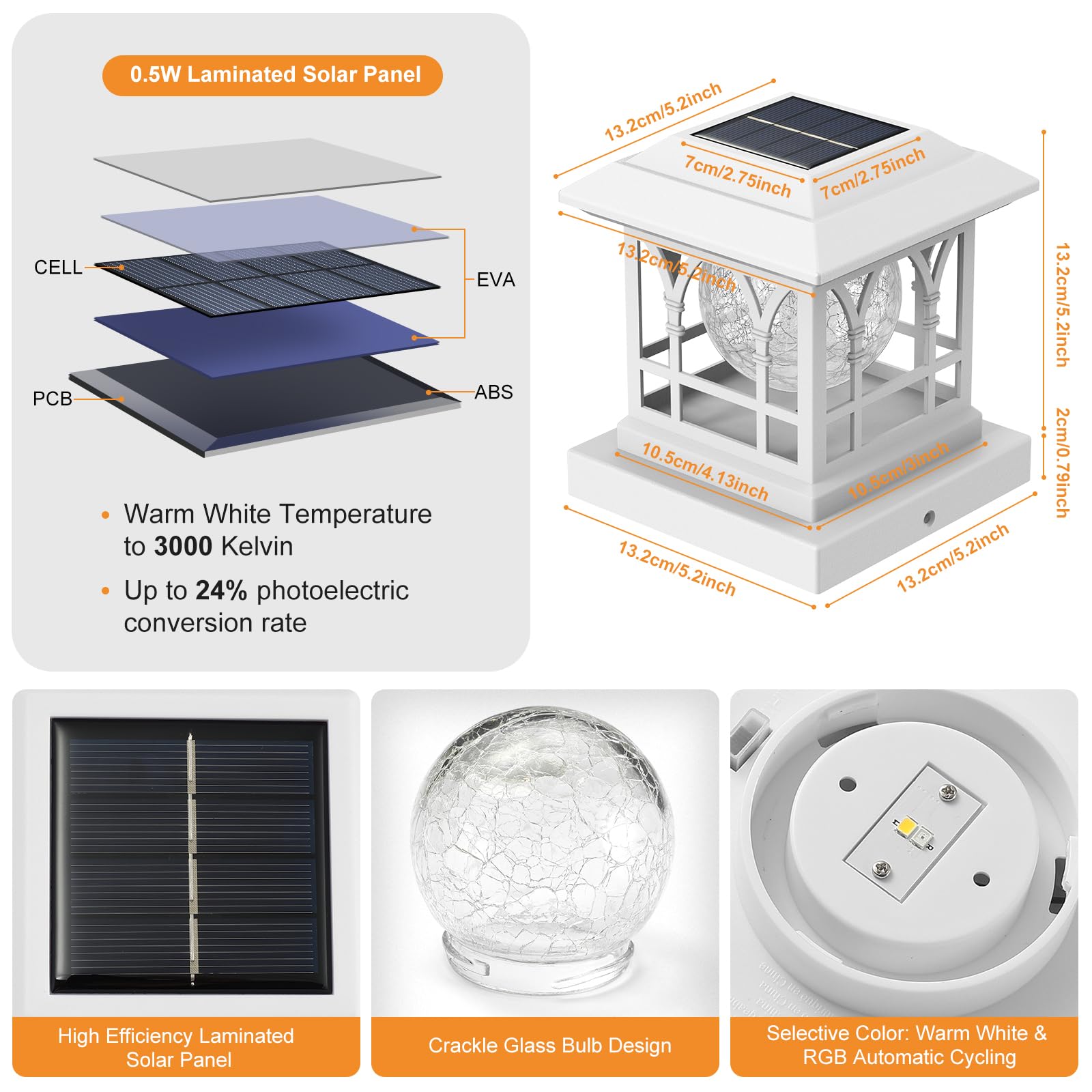 Solar Post Cap Lights for Fence - 20 Lumens Warm White & RGB Auto Cycling (12 Pack) - Waterproof Crackle Glass Design for 3.6x3.6