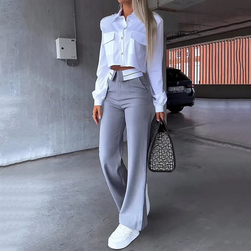 Elegant Women's Two-Piece Office Set - White Lapel Long Sleeve Blouse & Gray Pants Suit for Fall/Spring | Y2K Style Workwear for Business, Meetings & Professional Occasions