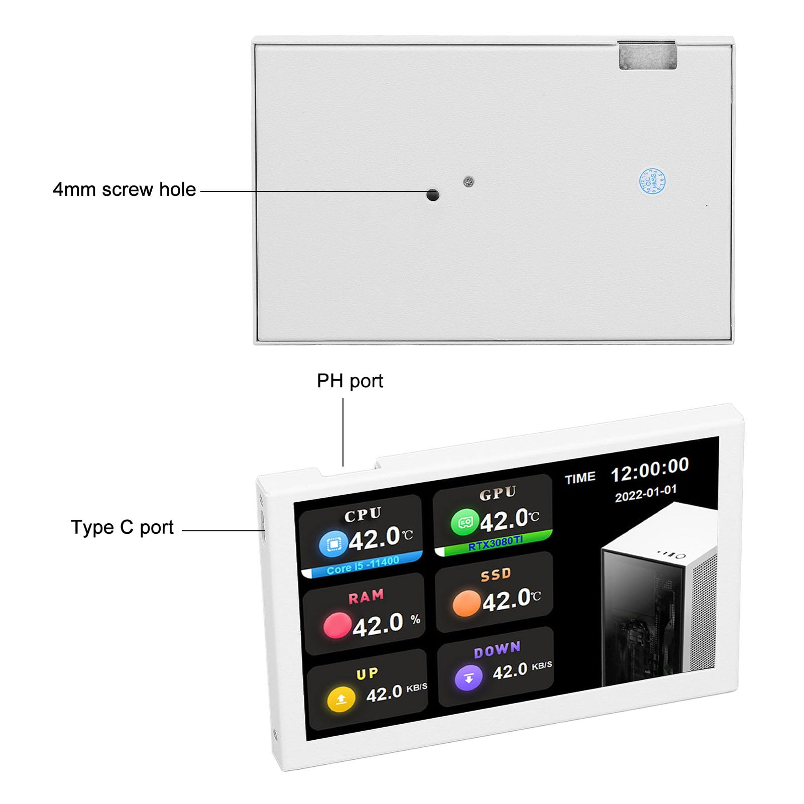 5 Inch Mini USB-C Secondary Monitor - 800x480 Resolution Portable Display for AIDA64, Laptop & PC - Compact Office & Home Workspace Solution (White)