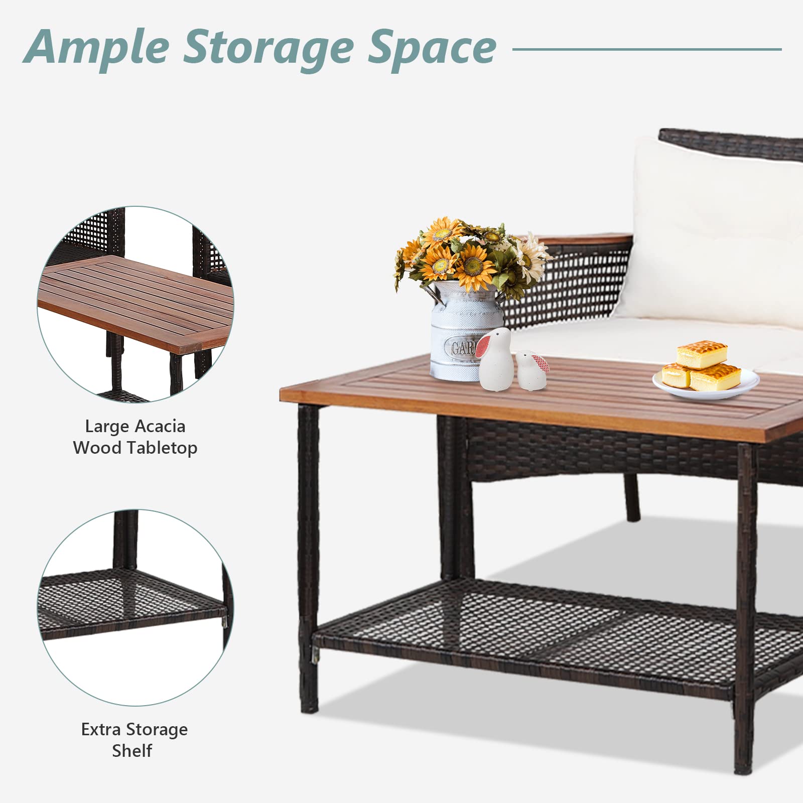 **HAPPYGRILL 4-Piece Outdoor Patio Furniture Set - Acacia Wood Sectional Sofa with Cushions & Coffee Table, PE Wicker Conversation Set for Garden, Poolside, Backyard & Outdoor Relaxation**