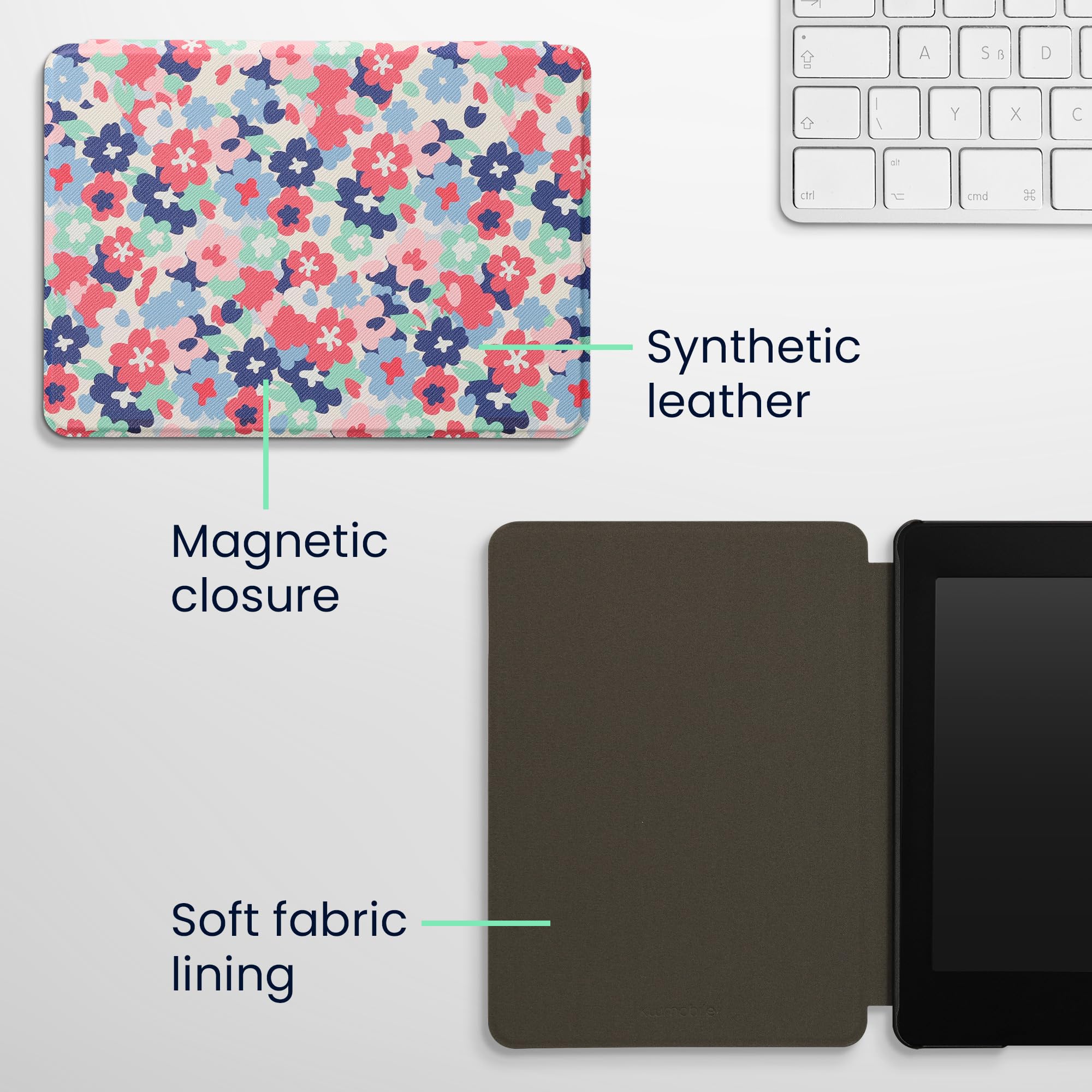 kwmobile Premium PU Leather Case for Amazon Kindle Paperwhite 11th Generation (2021 Release) - Magnetic Closure Protective Cover with Floral Design in Pastel Red, Dusty Pink & Blue - Perfect for Reading, Travel & Daily Use