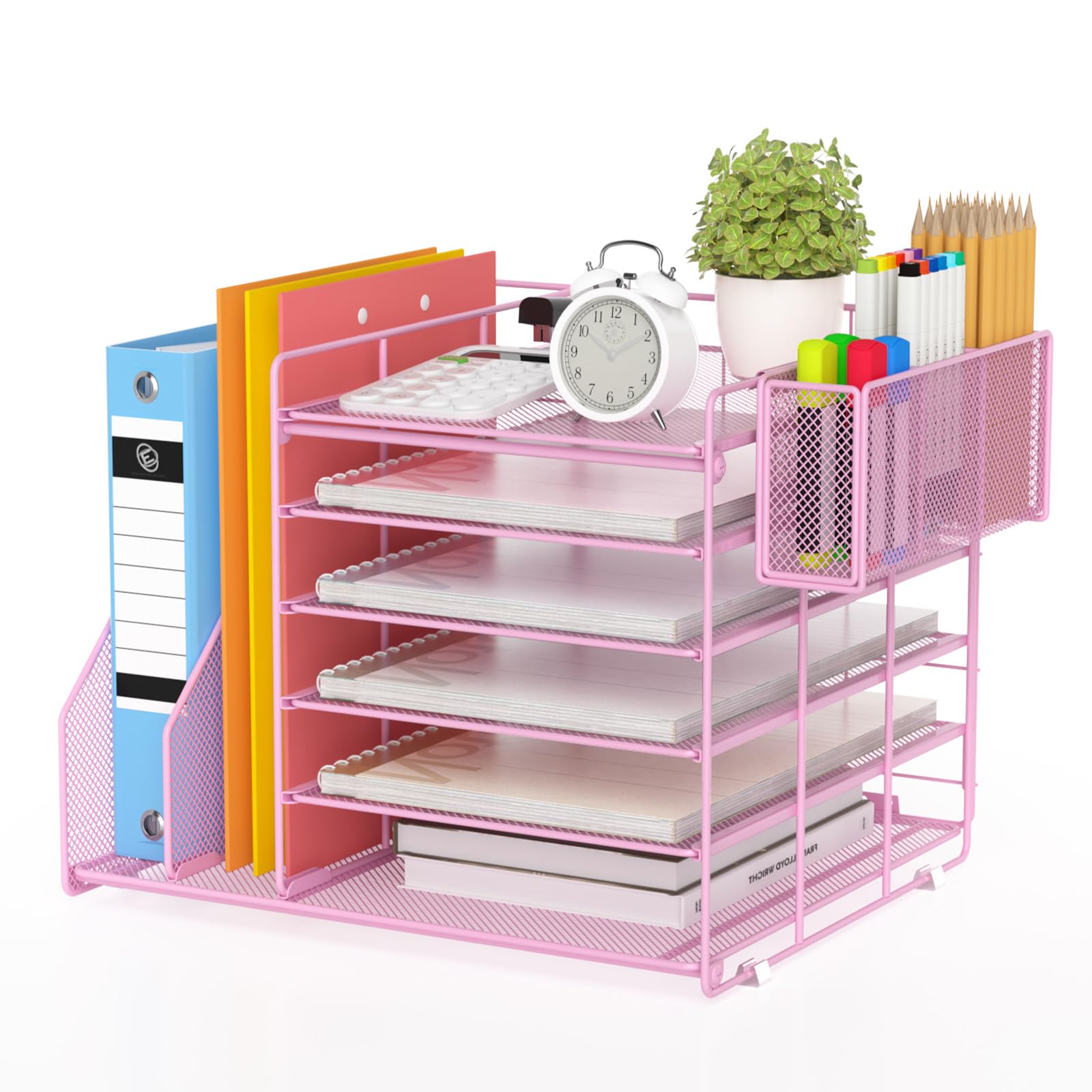 6-Tier Mesh File Organizer for Desk with File & Pen Holder - Office Desk Accessories & Workspace Organizer (Pink) - Perfect for Home Office, School & Workspace Organization