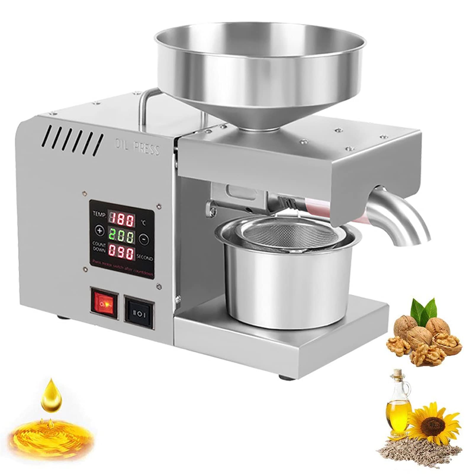 Automatic Hot & Cold Oil Press Machine - Stainless Steel Oil Extruder with LCD Display for Peanuts, Sesame, Sunflower Seeds & Nuts - Home & Commercial Use for Healthy Cooking & DIY Oil Making
