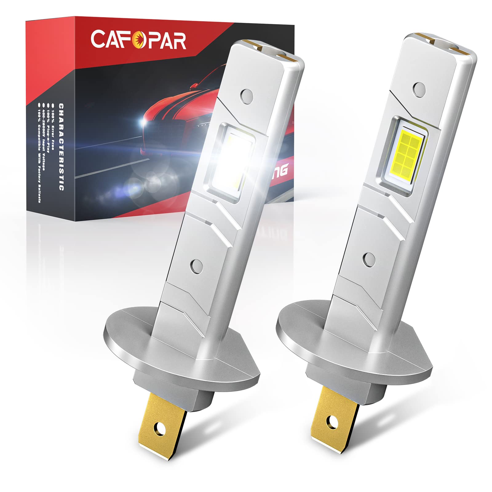 CAFOPAR H1 LED Headlight Bulb - 16,000LM 300% Brighter, 6500K White, Fanless Wireless Design - Plug and Play Replacement for Car Projector High/Low Beam & Fog Lights (2 Pack) - Perfect for Night Driving, Off-Road Adventures & Bad Weather Conditions