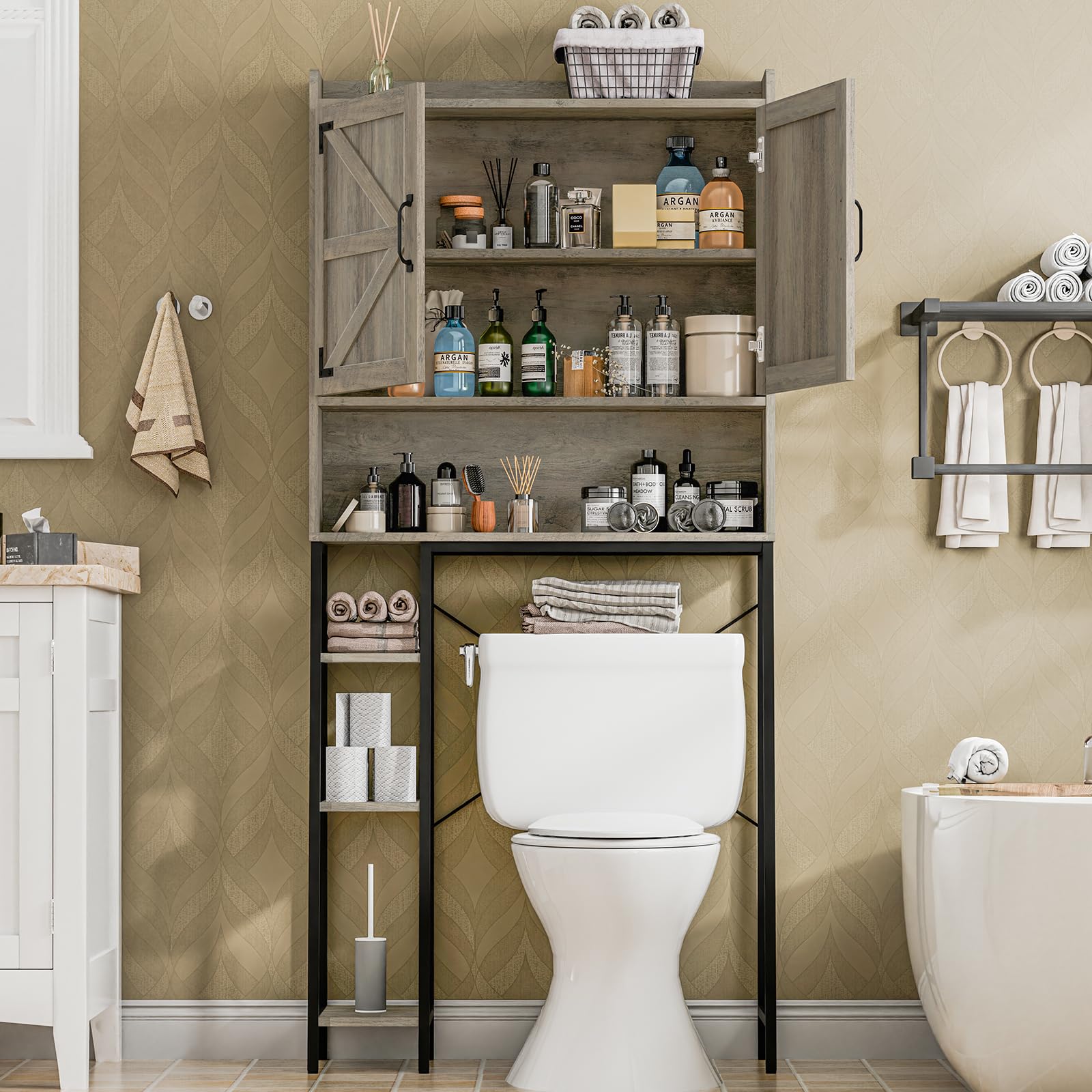 Farmhouse Style Over The Toilet Storage Cabinet with 2 Barn Doors & Toilet Paper Holder - Space Saving Bathroom Organizer for Toiletries, Towels & Essentials - Perfect for Small Bathrooms, Powder Rooms & Restrooms