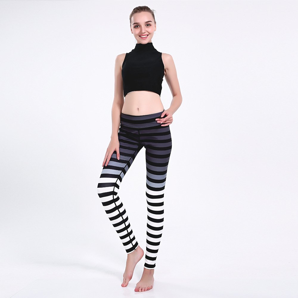 Women's High Waisted Striped Yoga Pants with Tummy Control - Ankle Length Workout Leggings for Running, Gym & Lounge Wear