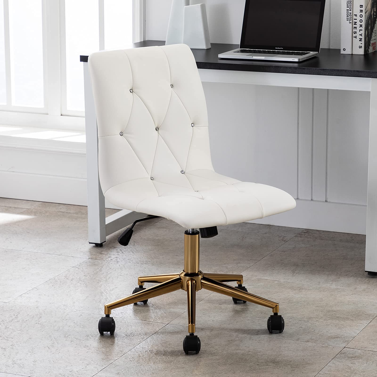 DUHOME Modern Home Office Chair - White PU Leather Desk Chair with Gold Base, Ergonomic Computer Task Chair with Wheels for Rolling Comfort, Armless Vanity Chair for Teens - Perfect for Study, Work, and Gaming Setup
