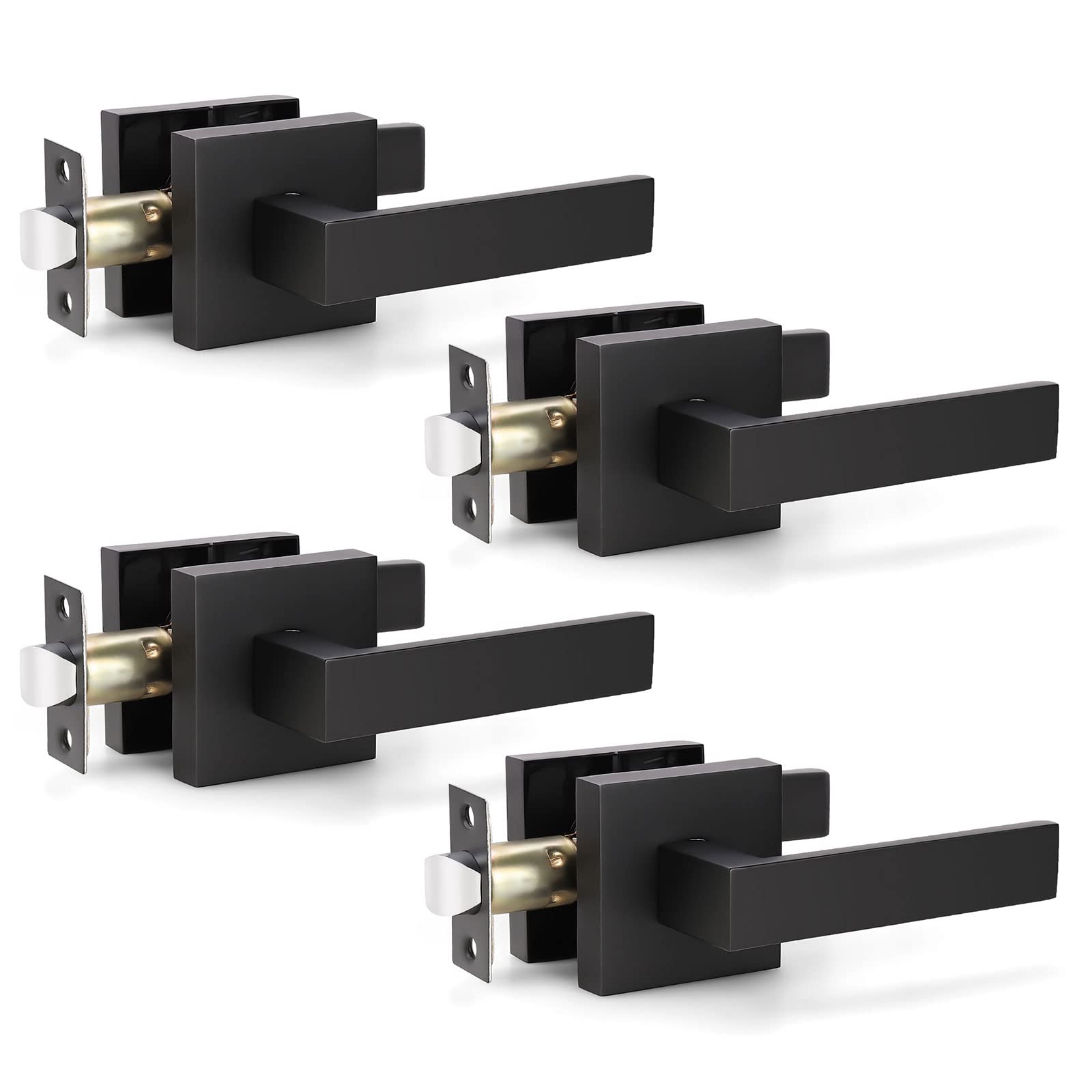 KNOBWELL 4 Pack Modern Square Door Handles - Matte Black Interior Passage Door Knob Set (No Lock/Key) - Perfect for Bedrooms, Bathrooms & Closets