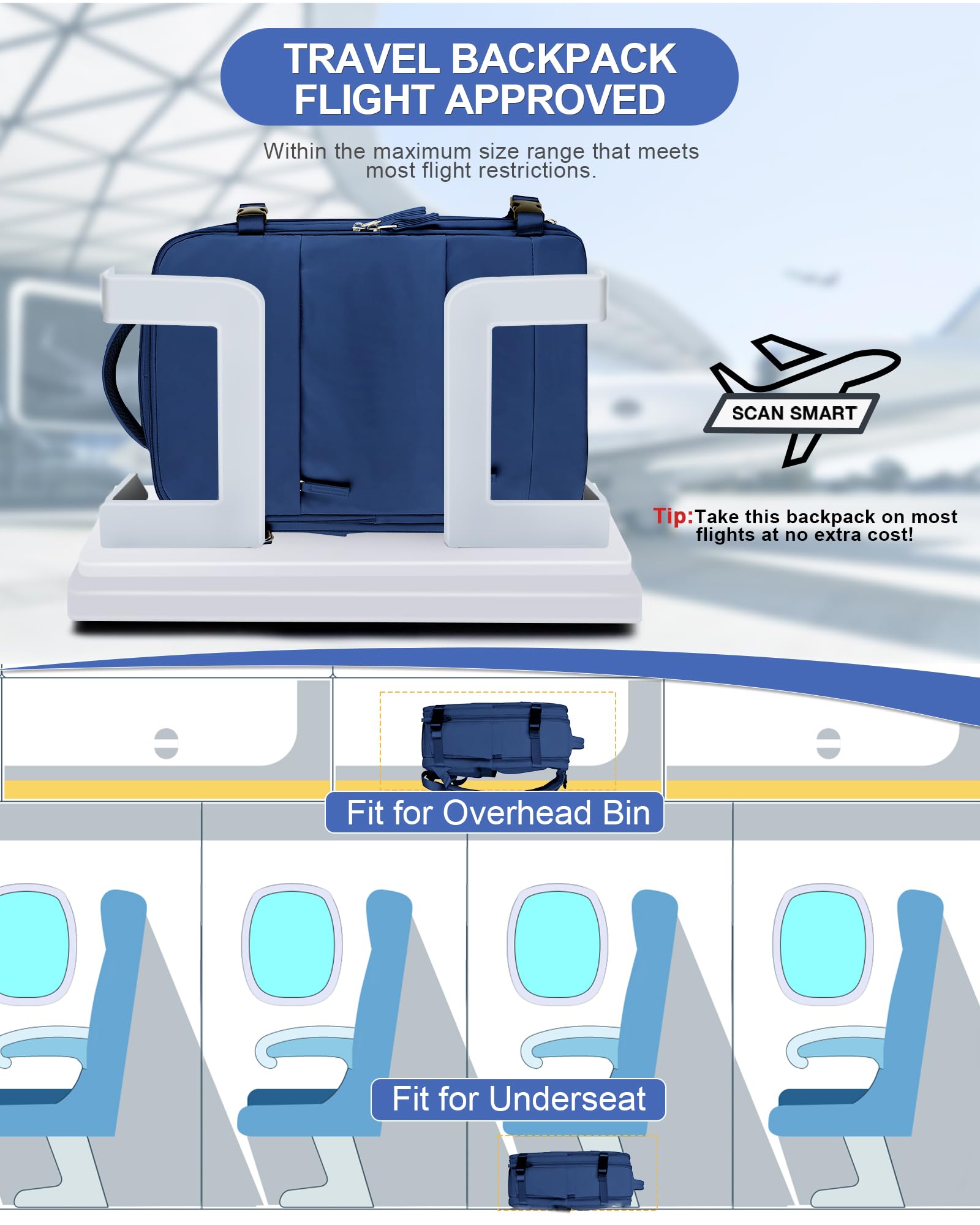 Men's Travel Backpack - Airplane Carry On Backpack for Women & Men, Lightweight Durable Traveling Backpack with USB Charging Port - Perfect for Business Trips, Hiking & Airplane Travel (Navy Blue)