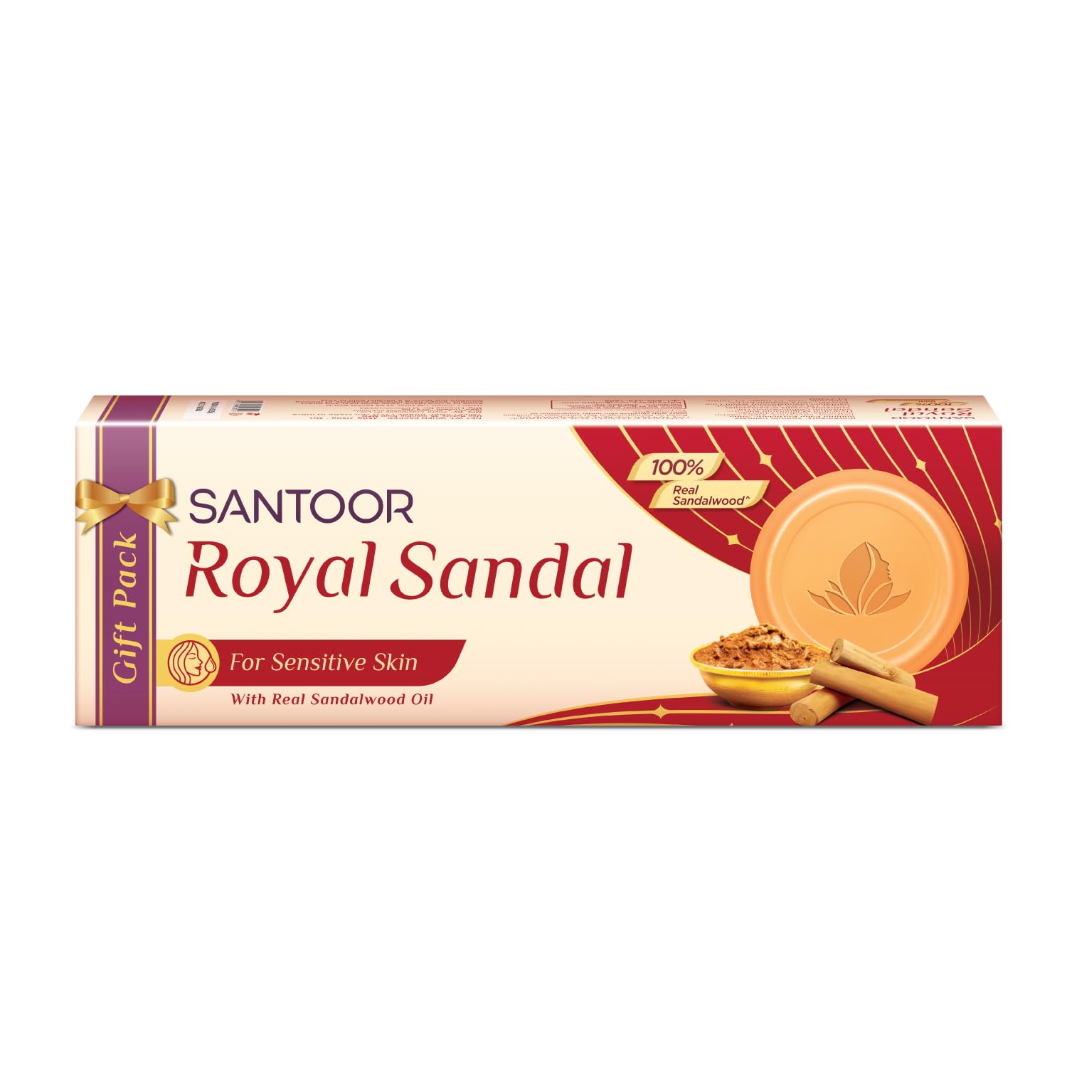 Santoor Royal Sandal Bathing Soap for Sensitive Skin - 100% Natural Sandalwood Oil & Powder with Chamomile Oil & Creamy Moisturizers - Soothes Irritation, Promotes Healthy Glow & Long-Lasting Fragrance - 150g (Pack of 3) - Perfect for Daily Skincare & Aromatherapy Baths