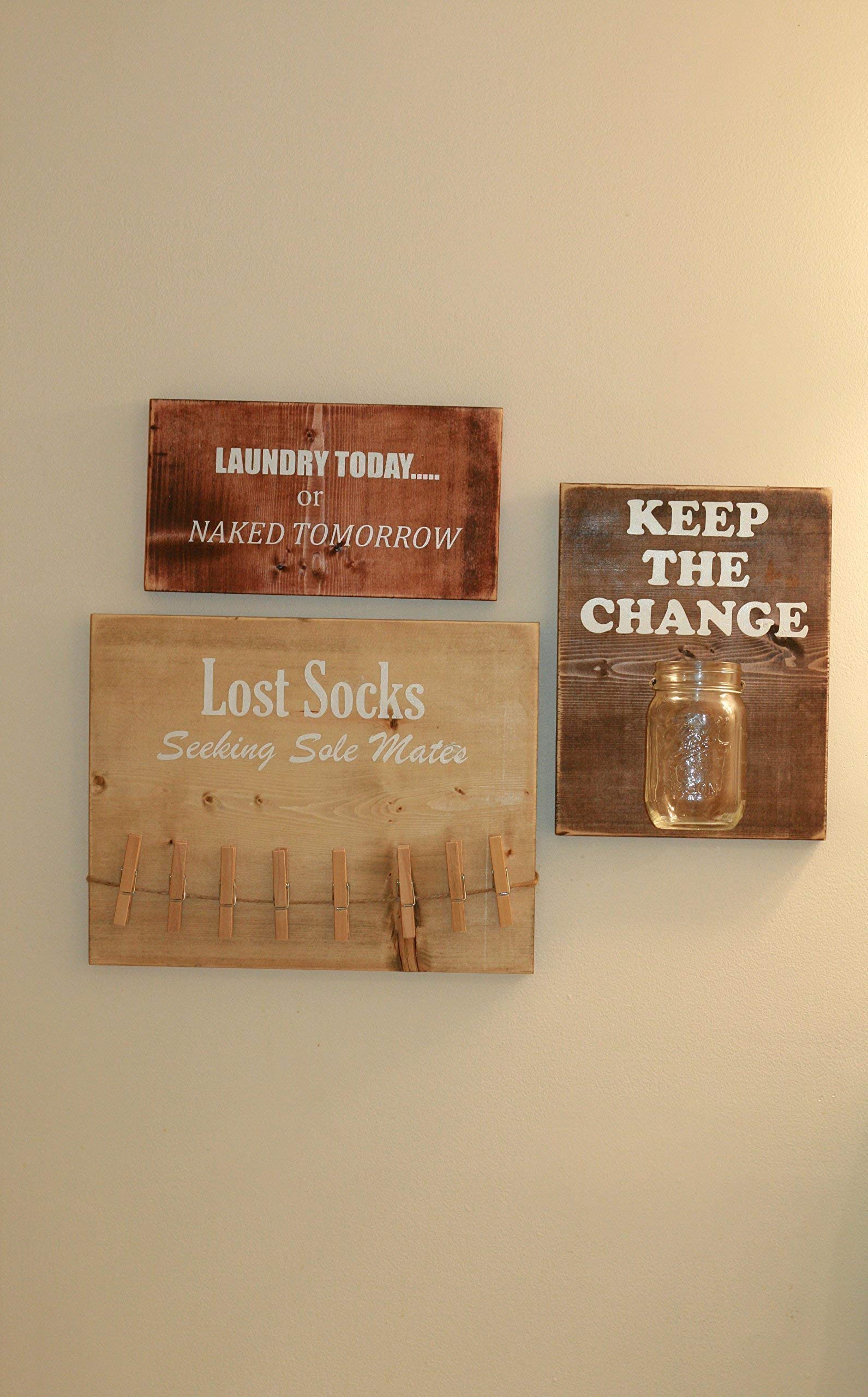 Funny Laundry Room Signs Set of 3 - Lost Socks, Keep The Change & Laundry Today or Naked Tomorrow - Humorous Wall Decor for Laundry Room, Bathroom or Housewarming Gift