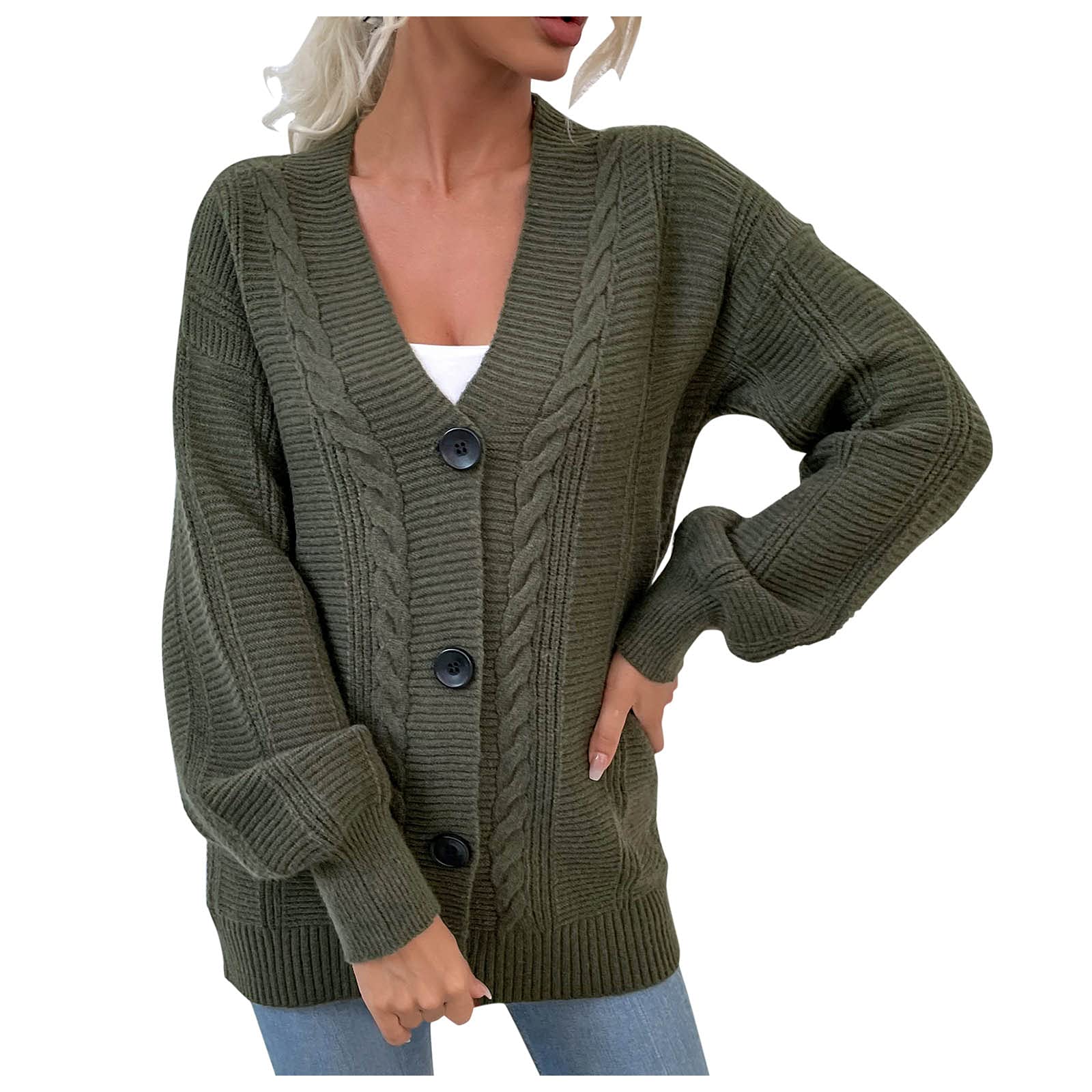 Women's Solid Color Button Linen Cardigan - Loose Knitted Open Front Coat - Casual Long Sleeve Tops for Spring/Summer - Perfect for Office, Travel & Weekend Outfits