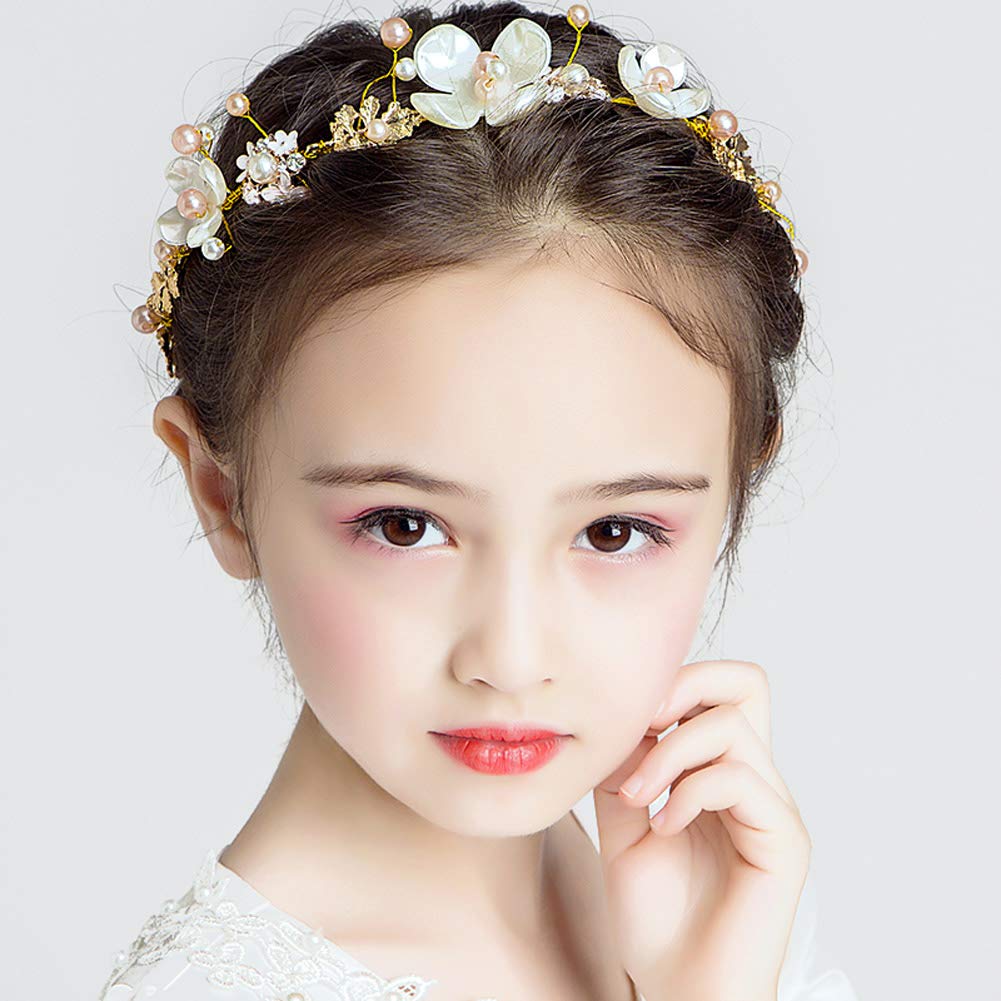PRDGIRL Floral Pearl Tiara Headband for Girls & Women - Gold Wedding Hair Accessories for Flower Girls, Bridesmaids, First Communion, Princess & Bridal Events - Elegant Headpiece for Special Occasions