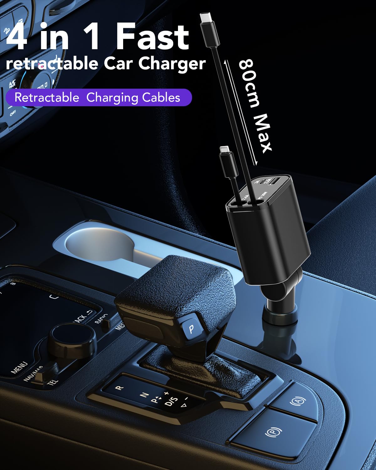 HATALKIN 69W Retractable Car Charger - 4-in-1 Fast Charging with 2 Retractable Cables & USB-C Port - Compatible with iPhone 15/14/13/12/11, iPad Pro, Samsung Galaxy, Google Pixel - Perfect for Road Trips & Daily Commutes