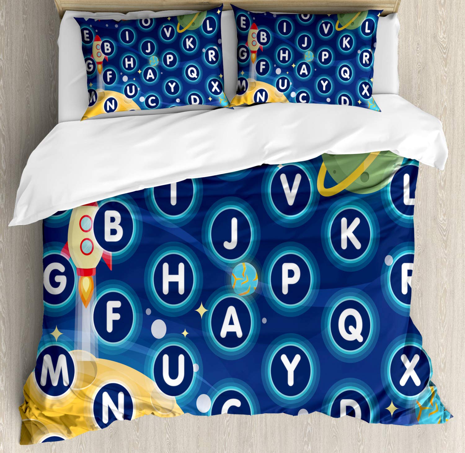 Ambesonne Cartoon Alphabet Space Duvet Cover Set - Queen Size 3-Piece Bedding with Planets, Stars & 2 Pillow Shams - Colorful Outer Space Theme for Kids & Teens Bedroom Decor
