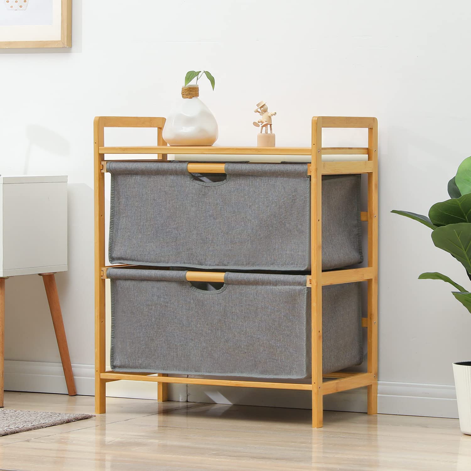 MoNiBloom 2-Tier Bamboo Clothes Organizer with Tabletop - Space-Saving Storage for Bedroom, Bathroom, Entryway & Closet - Perfect for Folded Shirts, Pants, Towels & Accessories (Grey)