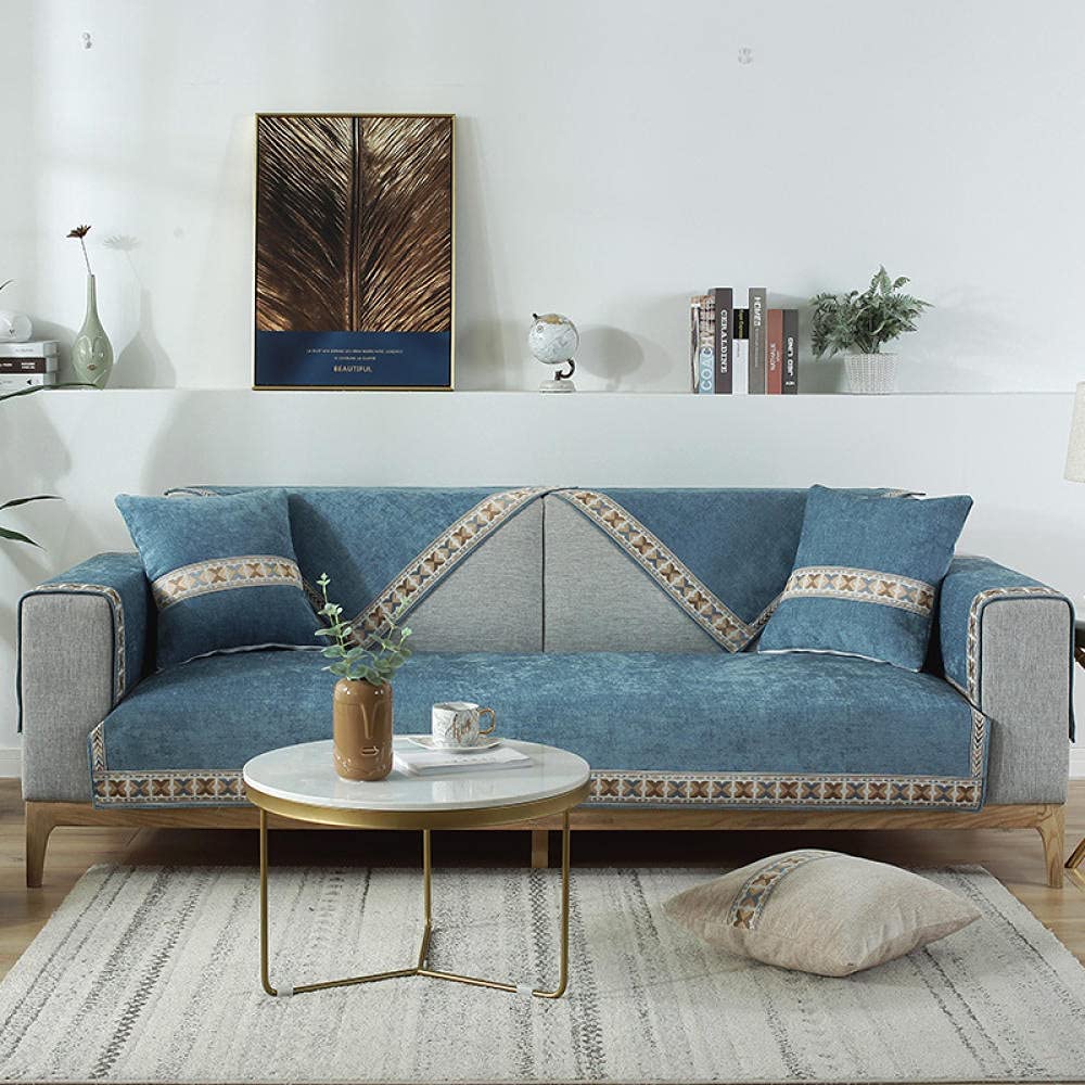 Dark Blue Chenille Sofa Slipcover - Non-Slip Stretchable Sectional Couch Cover (35