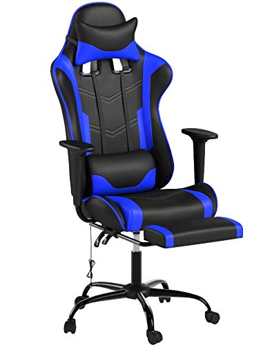 Ergonomic Gaming Chair with Headrest & Footrest - PU Leather Office Computer Desk Chair for Back Support - Adjustable Swivel Rolling Task Chair for PC Gaming, Work & Home Office Use - Blue
