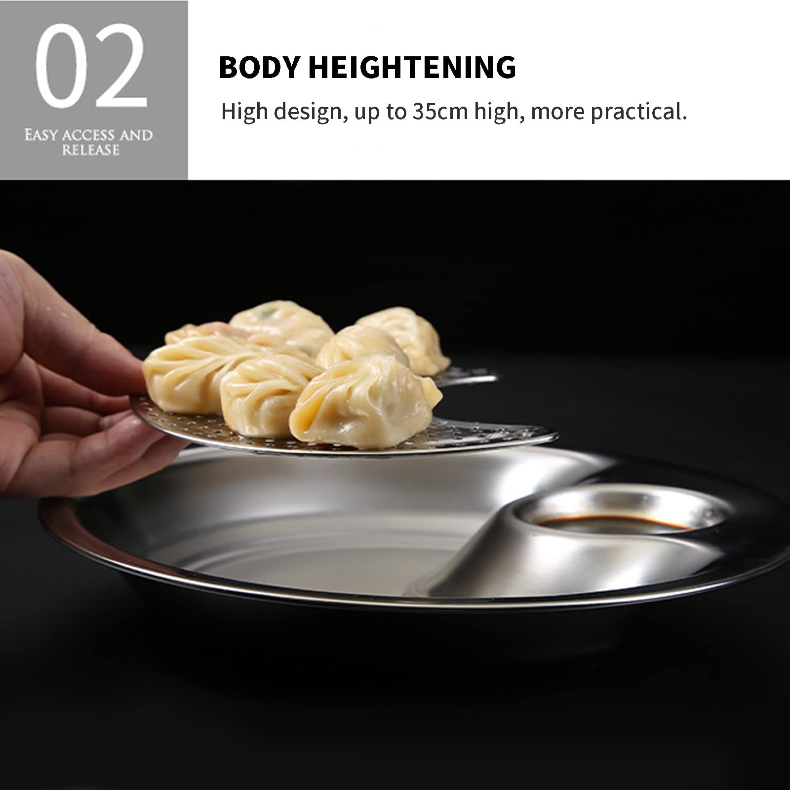 Premium Stainless Steel Dumpling Tray with Sauce Dish & Drain Tray - Double Layer Multipurpose Serving Plate for Dim Sum, Sushi, Appetizers - Perfect for Dinner Parties, Restaurants & Home Use (Silver)