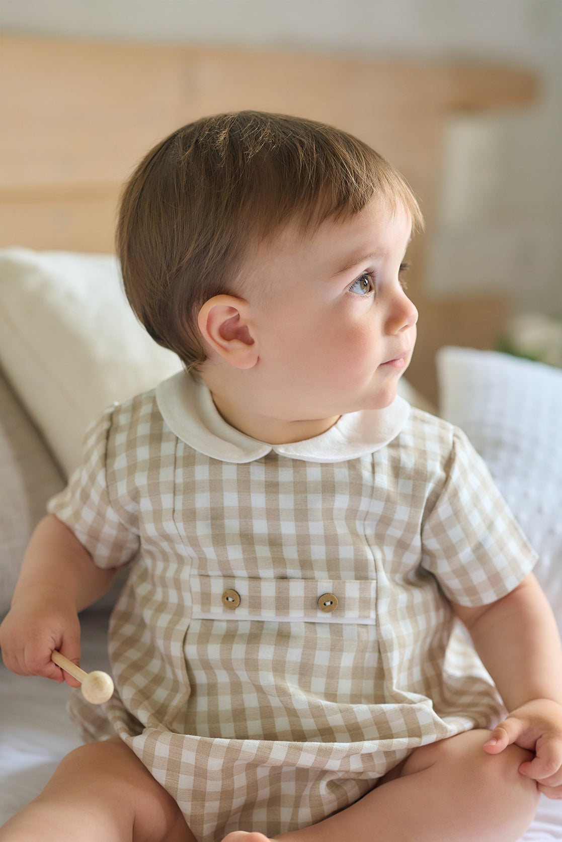 Remy Beige Gingham Romper - Stylish Baby Jumpsuit for Girls & Boys | Perfect for Summer Outfits, Photoshoots & Casual Playdates