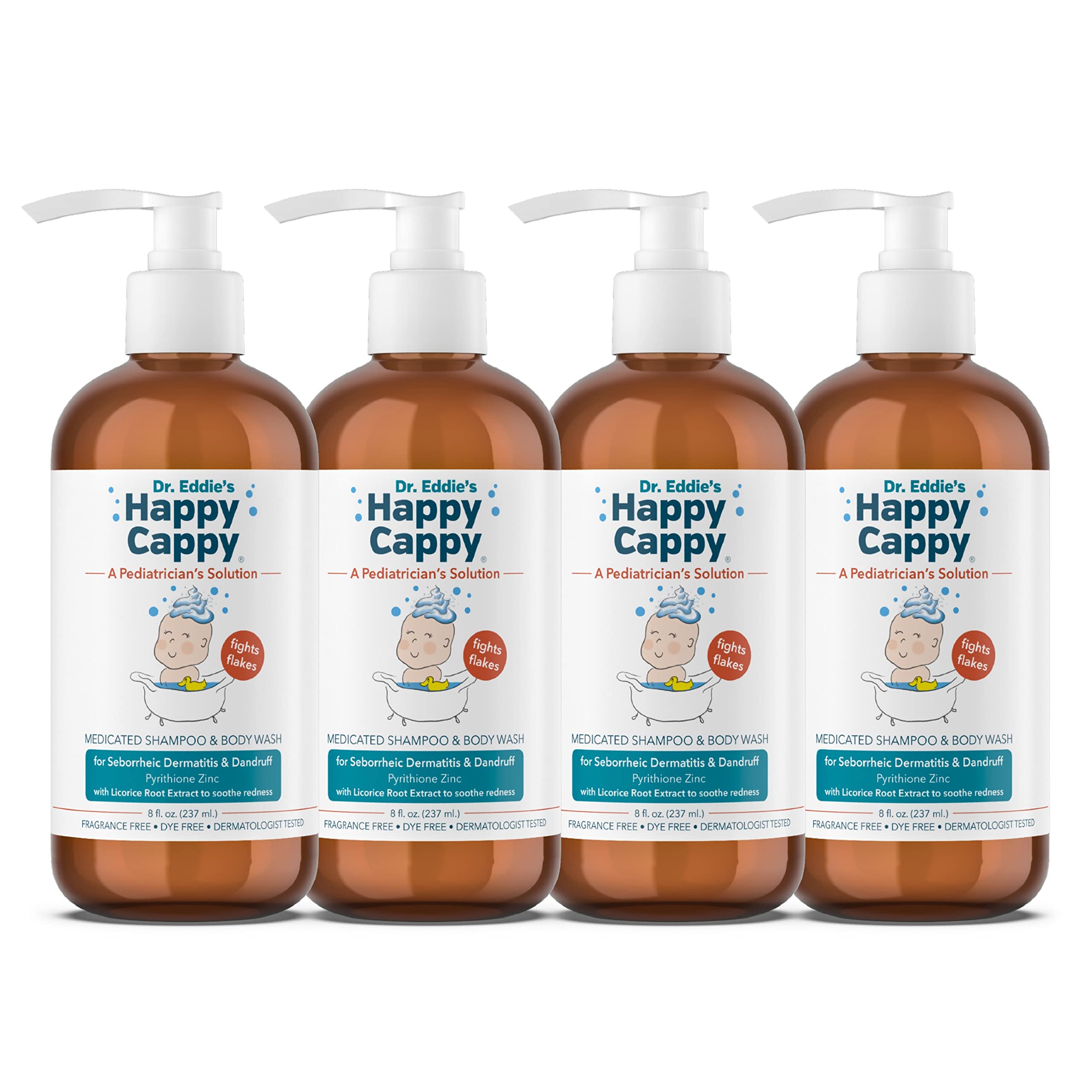 Happy Cappy Dr. Eddie’s Medicated Shampoo & Body Wash for Babies - Fragrance-Free Baby Dandruff Shampoo for Cradle Cap & Seborrheic Dermatitis - Soothes Redness & Irritation - Dermatologist Tested - 8 Fl Oz (Pack of 4) - Gentle Daily Wash for Newborns & Sensitive Skin