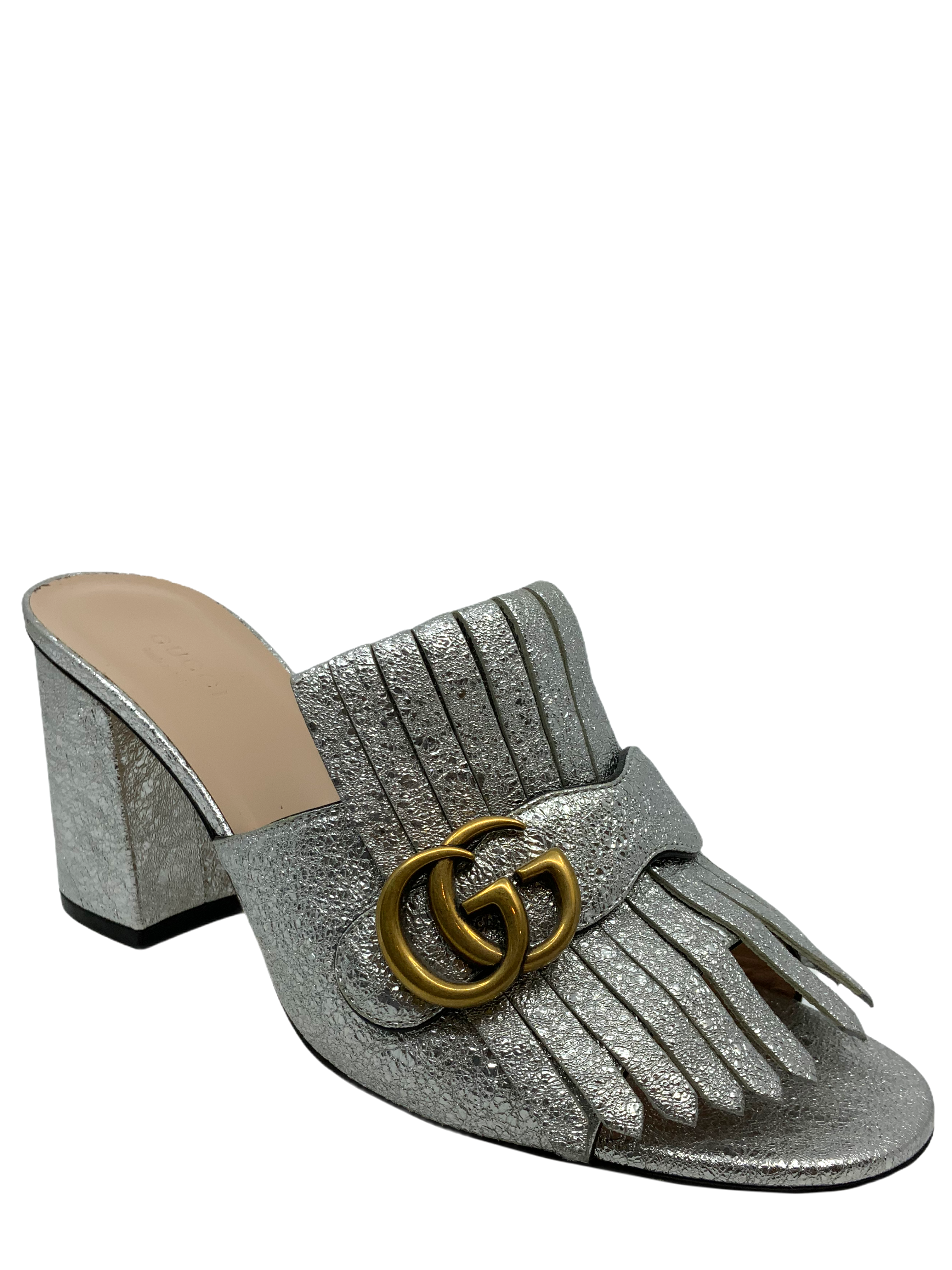 Gucci Marmont GG Metallic Foil Leather Fringe Mules Women's Size 9.5 - Luxury Designer Slip-On Shoes for Casual Outings & Evening Events