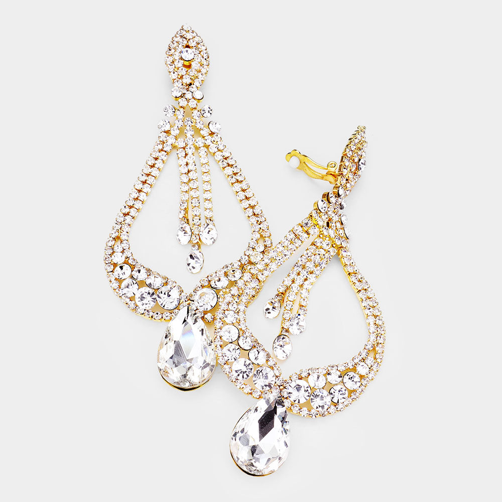 Gold Clear Crystal Pageant Earrings for Miss America | Clip-On Style | Elegant Accessories for Pageants, Prom & Special Events | 439610