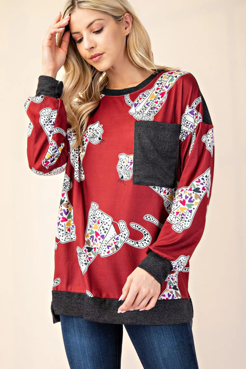Celeste Women's Full Size Animal Print Contrast Round Neck T-Shirt | Casual Fashion Top for Everyday Wear & Outfits