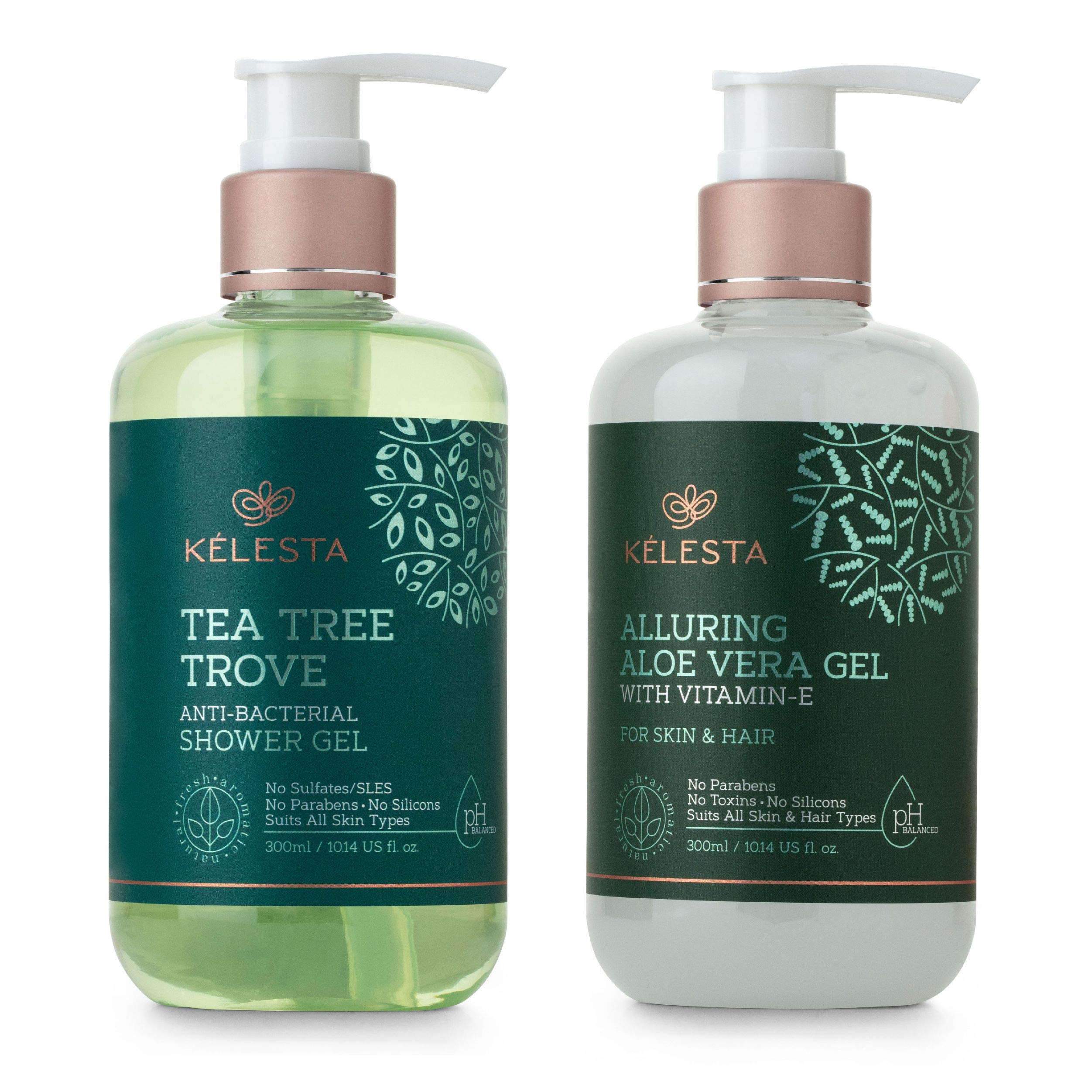 KELESTA Green Gratitude Duo - Tea Tree & Aloe Vera Body Wash & Gel Set (300ml Each) - Antibacterial, Nourishing Shower Gel with Vitamin E - Paraben, Sulfate & Silicone Free - Perfect for Sensitive Skin & Daily Hydration - Ideal for Gym, Travel & Home Spa Use