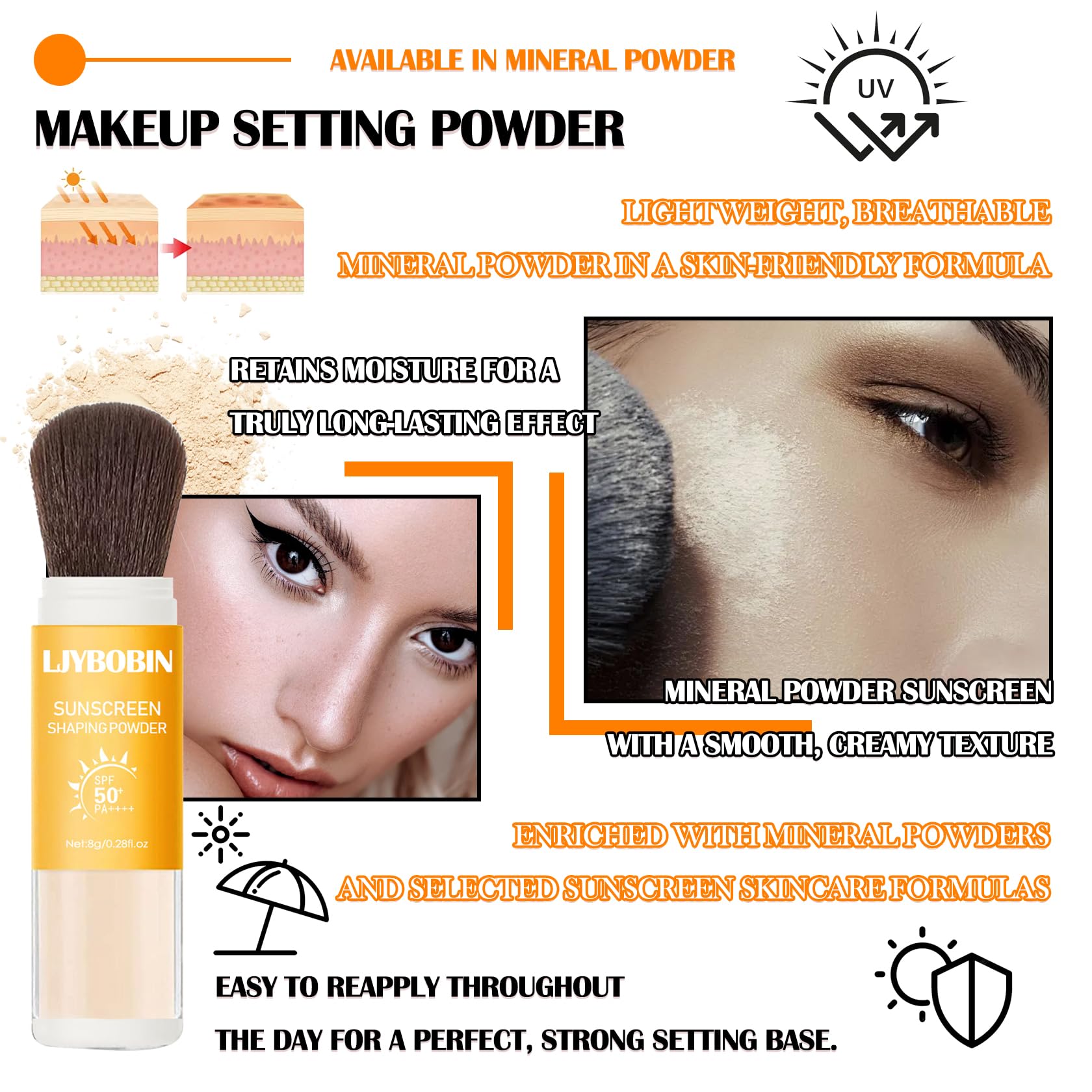 SPF 50+ PA++++ Mineral Sunscreen Powder - Oil Control, Waterproof & Long Lasting Matte Finish with Brush | Lightweight Makeup Setting Powder for Face | Perfect for Beach, Outdoor Activities & Daily Sun Protection