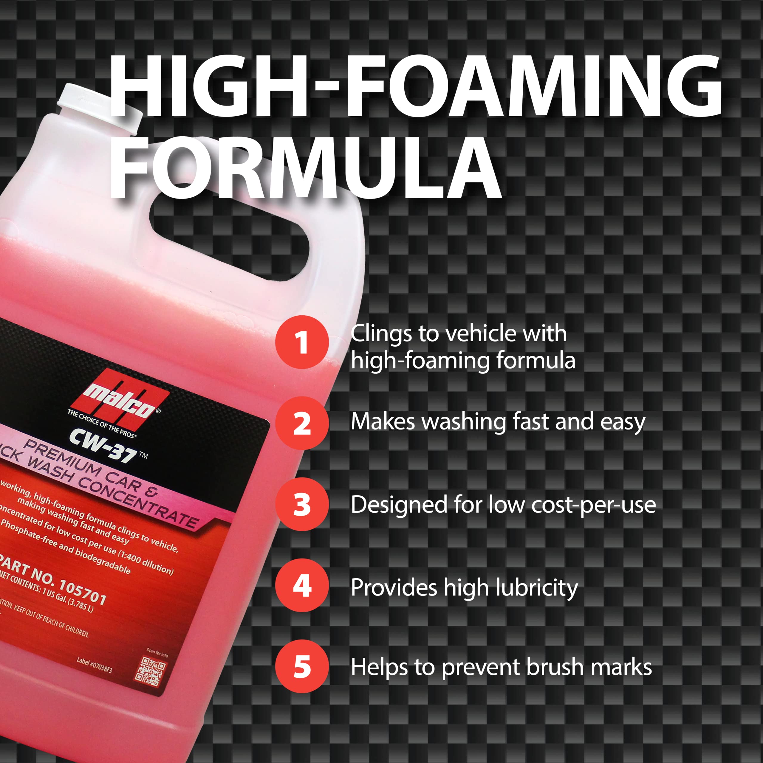 Malco CW-37 Premium Car Wash Concentrate - High Foaming Car & Truck Wash Soap (1 Gallon) | Removes Road Film, Salt, Dust & Dirt | Safe for All Vehicle Surfaces | Perfect for Home Car Washing, Auto Detailing & Fleet Maintenance