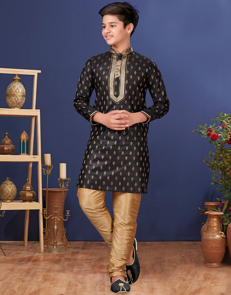 Elegant Black Kurta Pajama Set - Jacquard Silk Indian Ethnic Wear for Men - Perfect for Weddings, Festivals & Special Occasions