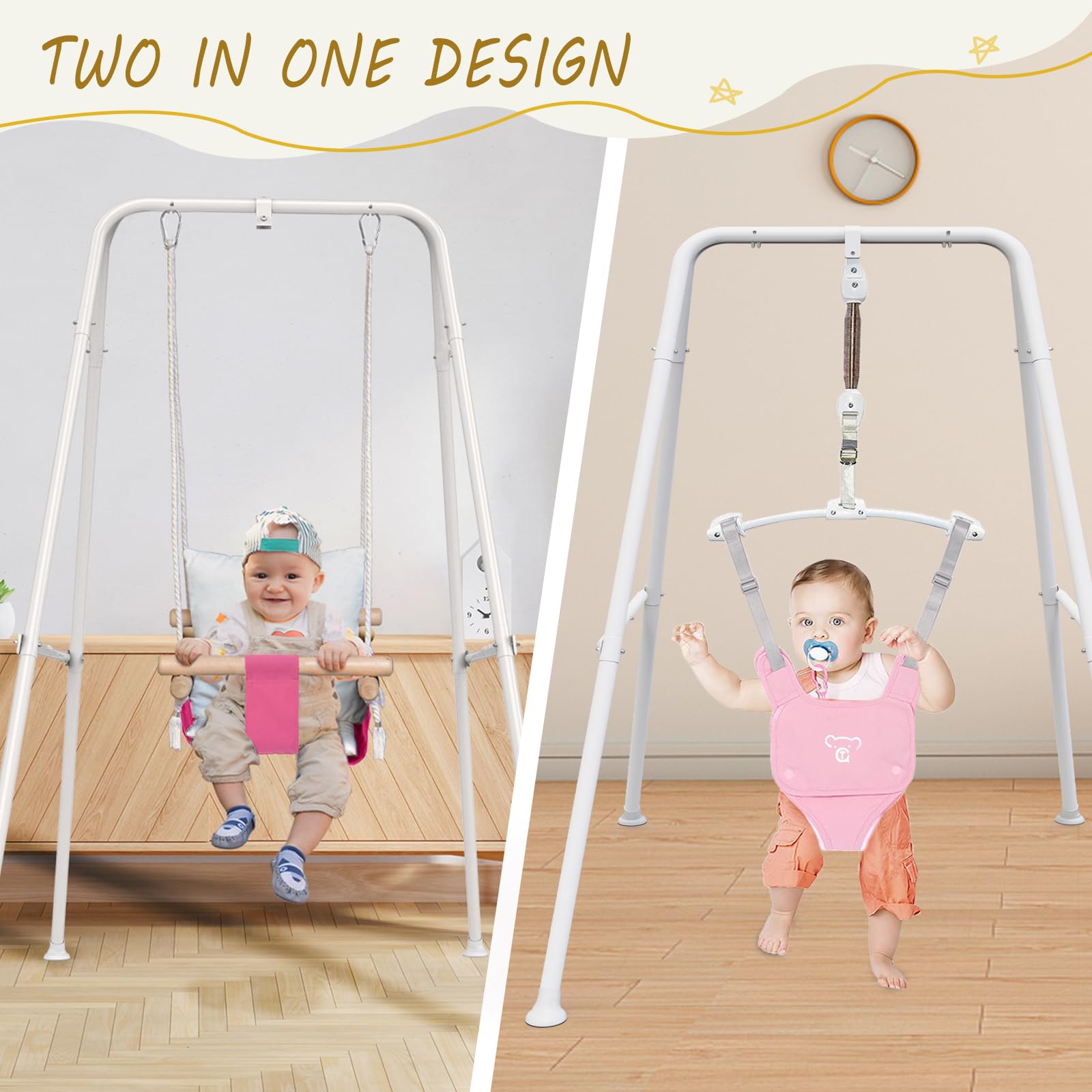 2-in-1 Baby Jumper & Swing Set - Indoor/Outdoor Toddler Bouncer (Pink) for Playtime Fun